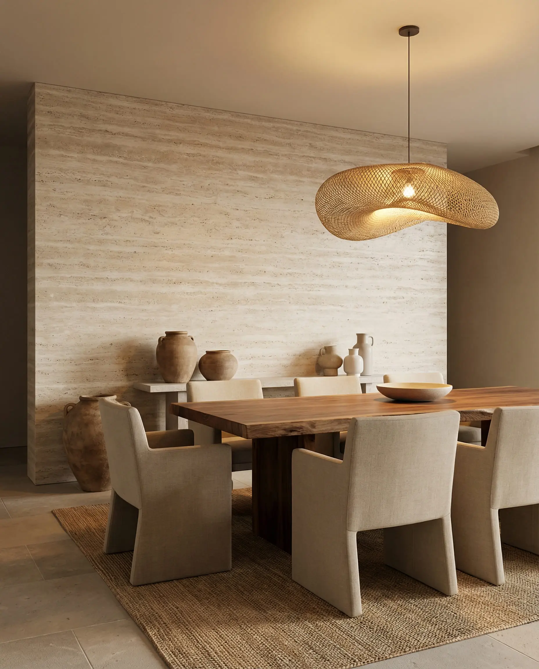 Organic modern dining room featuring a silver travertine stone slab wall with horizontal veining and beige upholstered chairs.