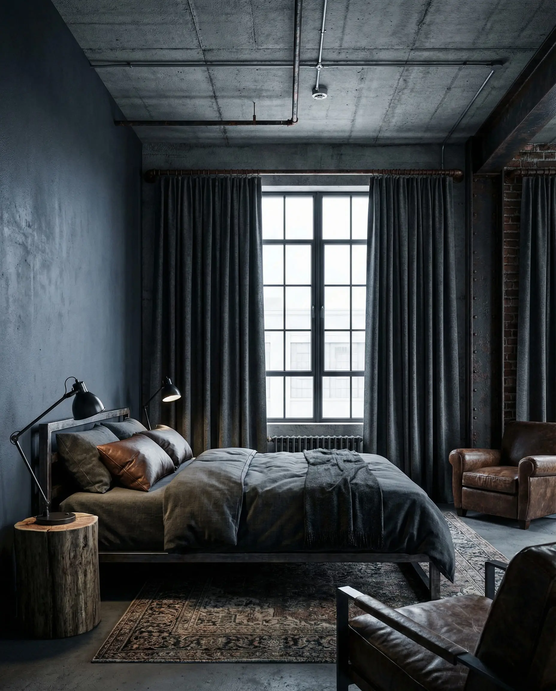Industrial bedroom with slate blue walls and heavy charcoal gray wool drapes.