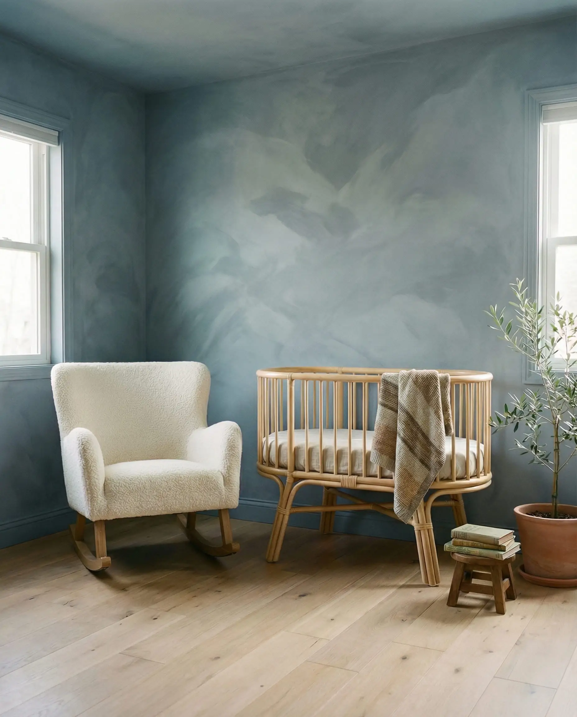 Muted slate blue textured wall paint brings a moody yet serene atmosphere to a nursery with a natural rattan crib and boucle rocking chair.