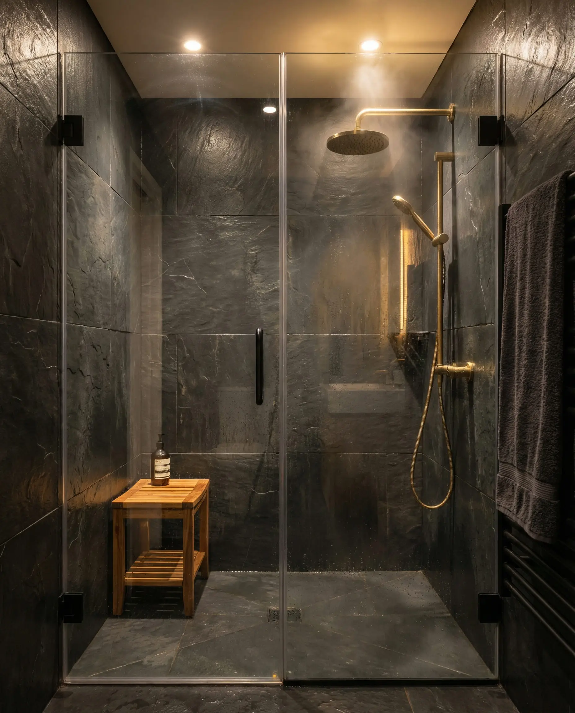 Walk-in shower with dark slate walls and unlacquered brass fixtures.