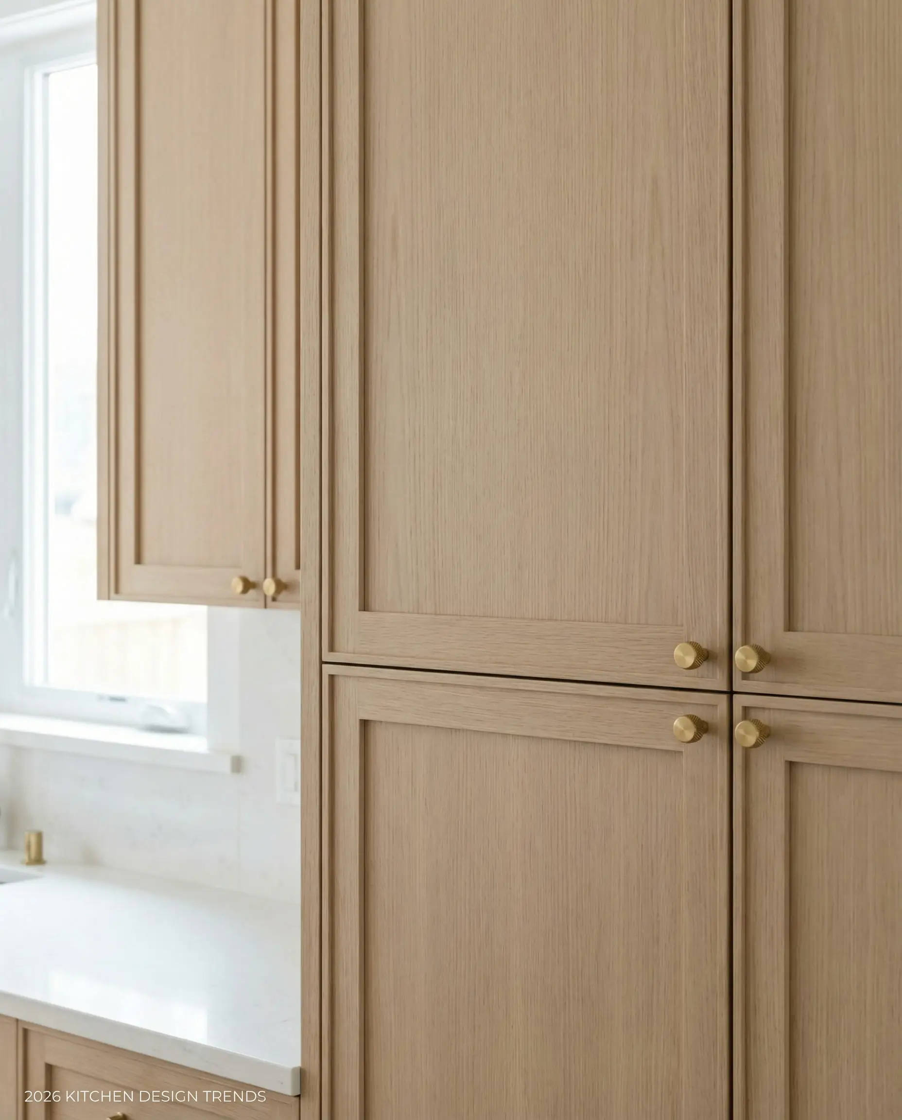 Detail of light oak kitchen cabinets with a thin, modern slim shaker frame profile.