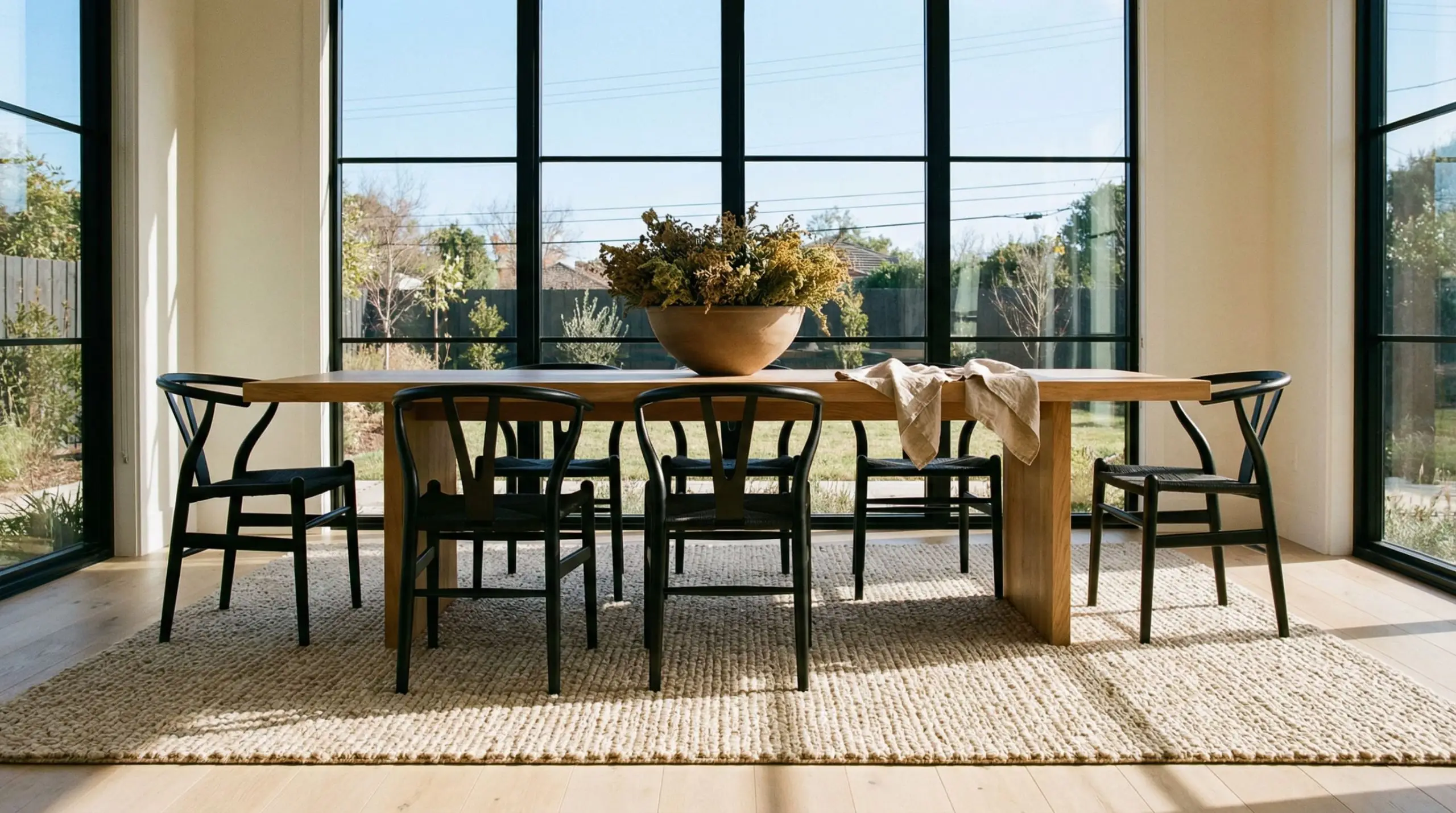 A chunky jute-blend high-traffic area rug anchors a minimalist oak dining table and black wishbone chairs in a modern dining room.