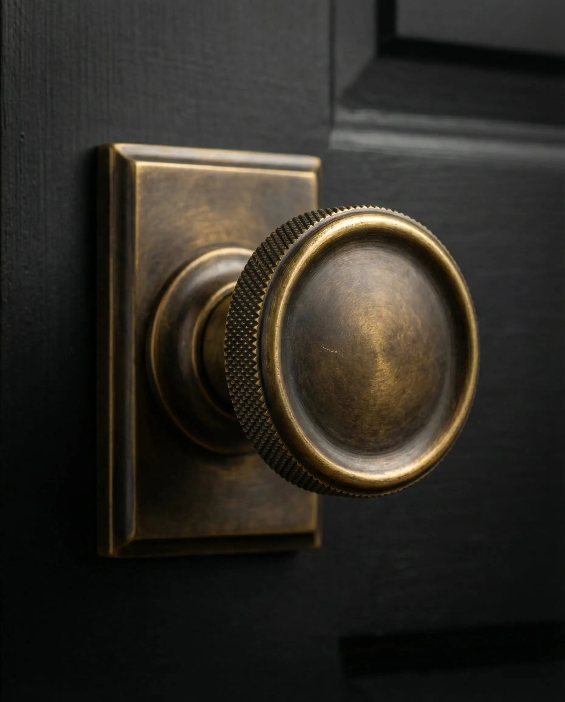 Macro shot of a heavy solid brass door knob on a black interior door.