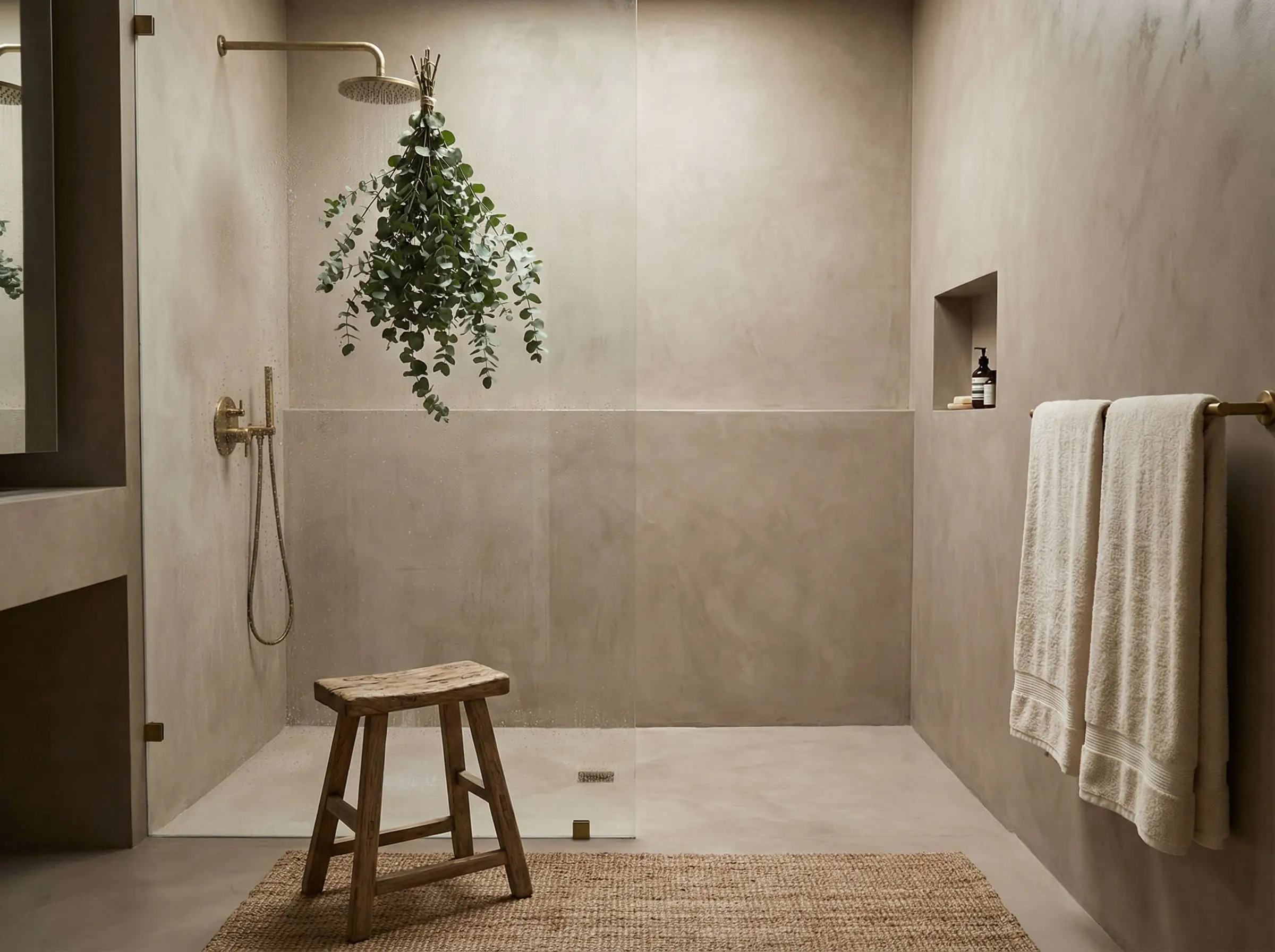 A spa-like organic modern bathroom showcases seamless waterproof microcement walls in mushroom taupe, a walk-in shower with brass fixtures, and hanging eucalyptus.