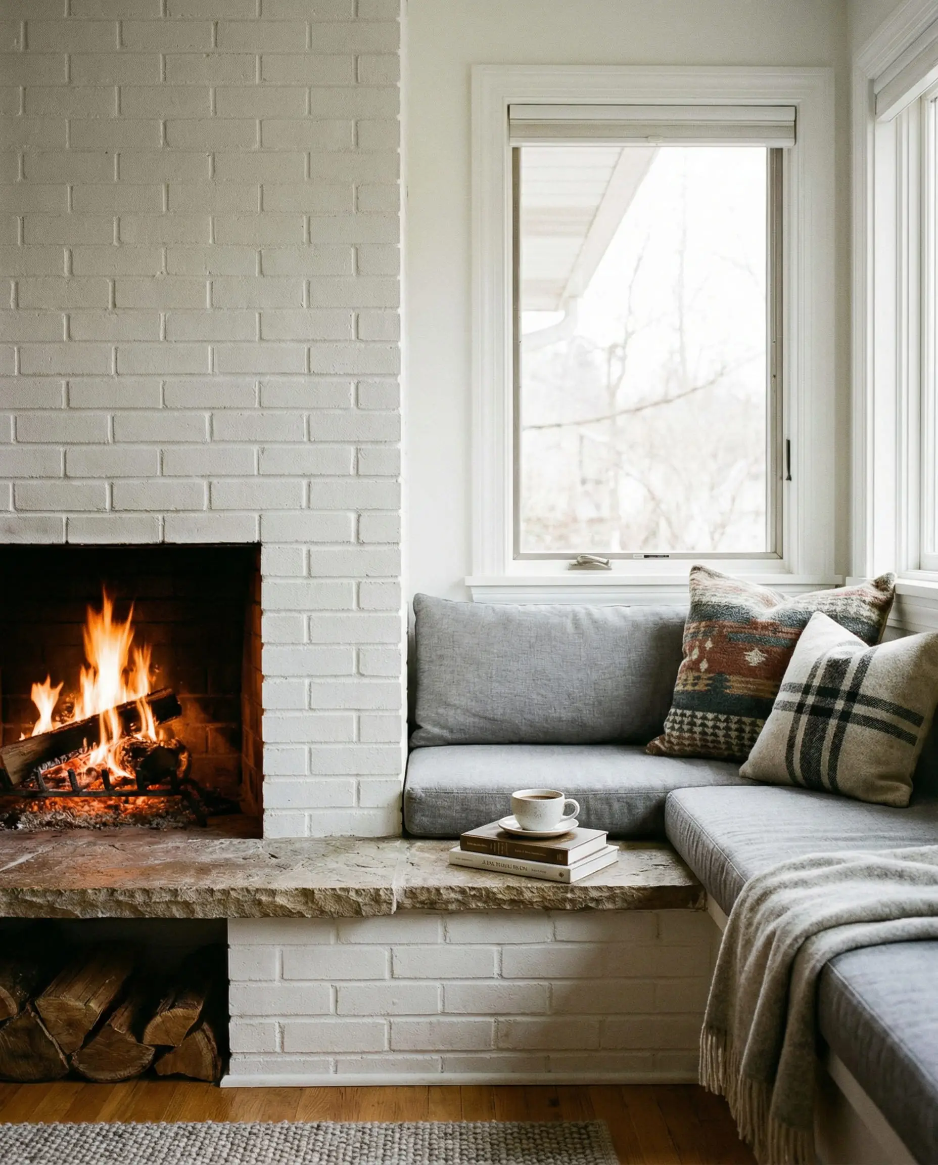 A cozy stone fireplace where the hearth extends to the side to form a cushioned window seat.