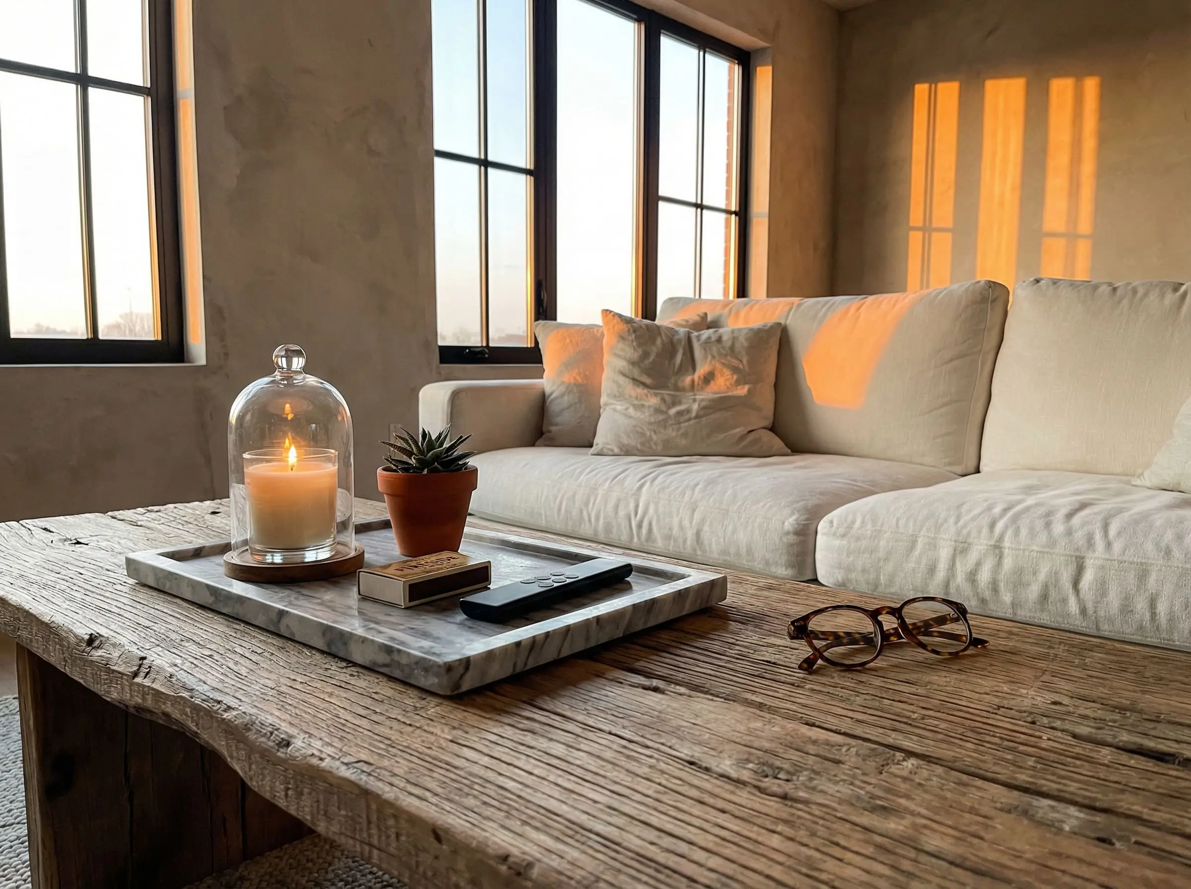 Close-up of a rustic wood coffee table styled with an off-center marble tray holding a cloche candle, plant, and matchbook.