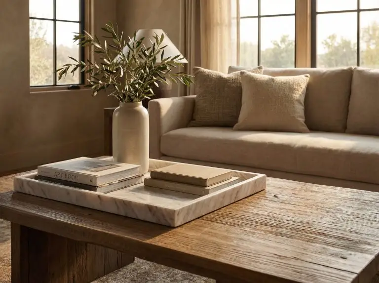 Styling a rustic wood coffee table by adding vertical height with a vase filled with fresh olive branches.