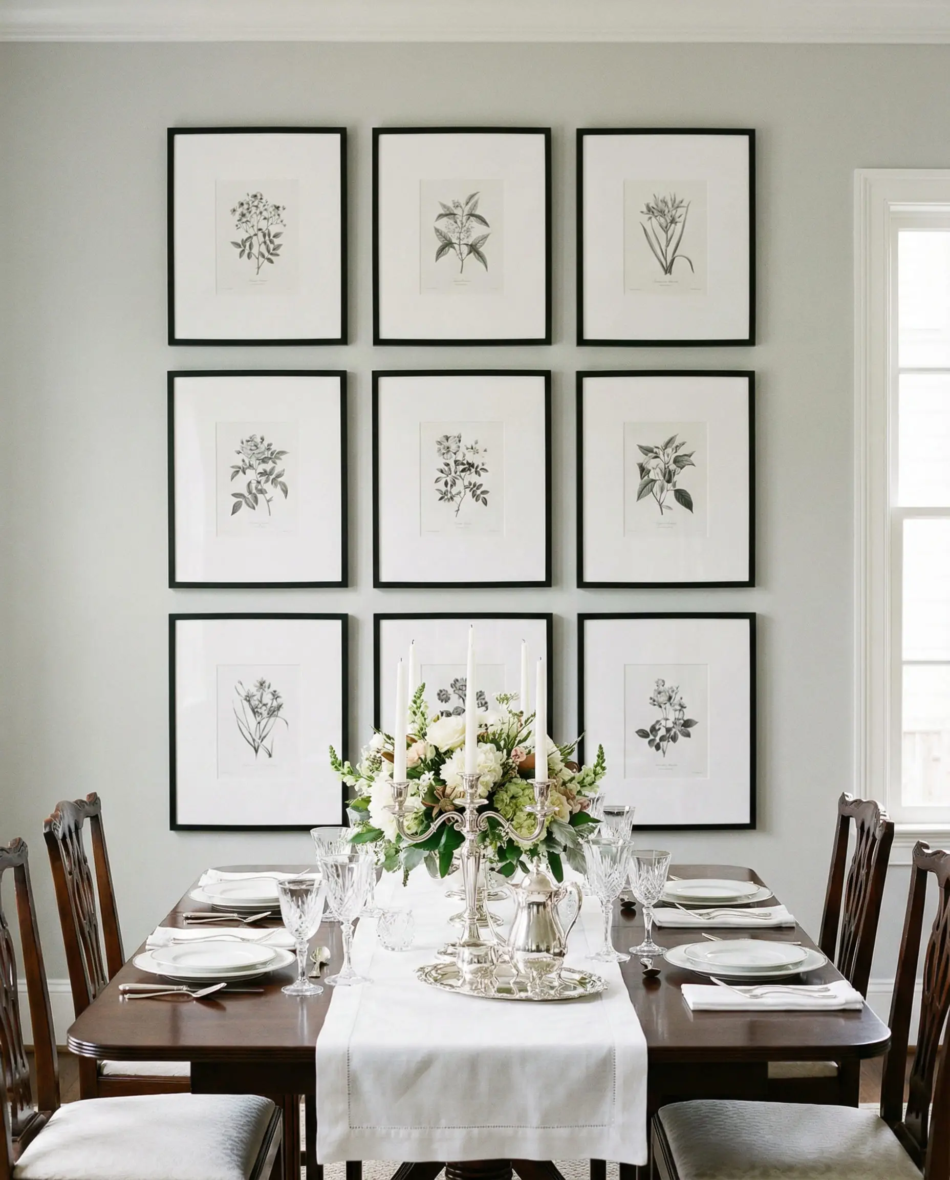 Formal dining room with a symmetrical gallery wall of nine black-and-white botanical prints in matching black frames.