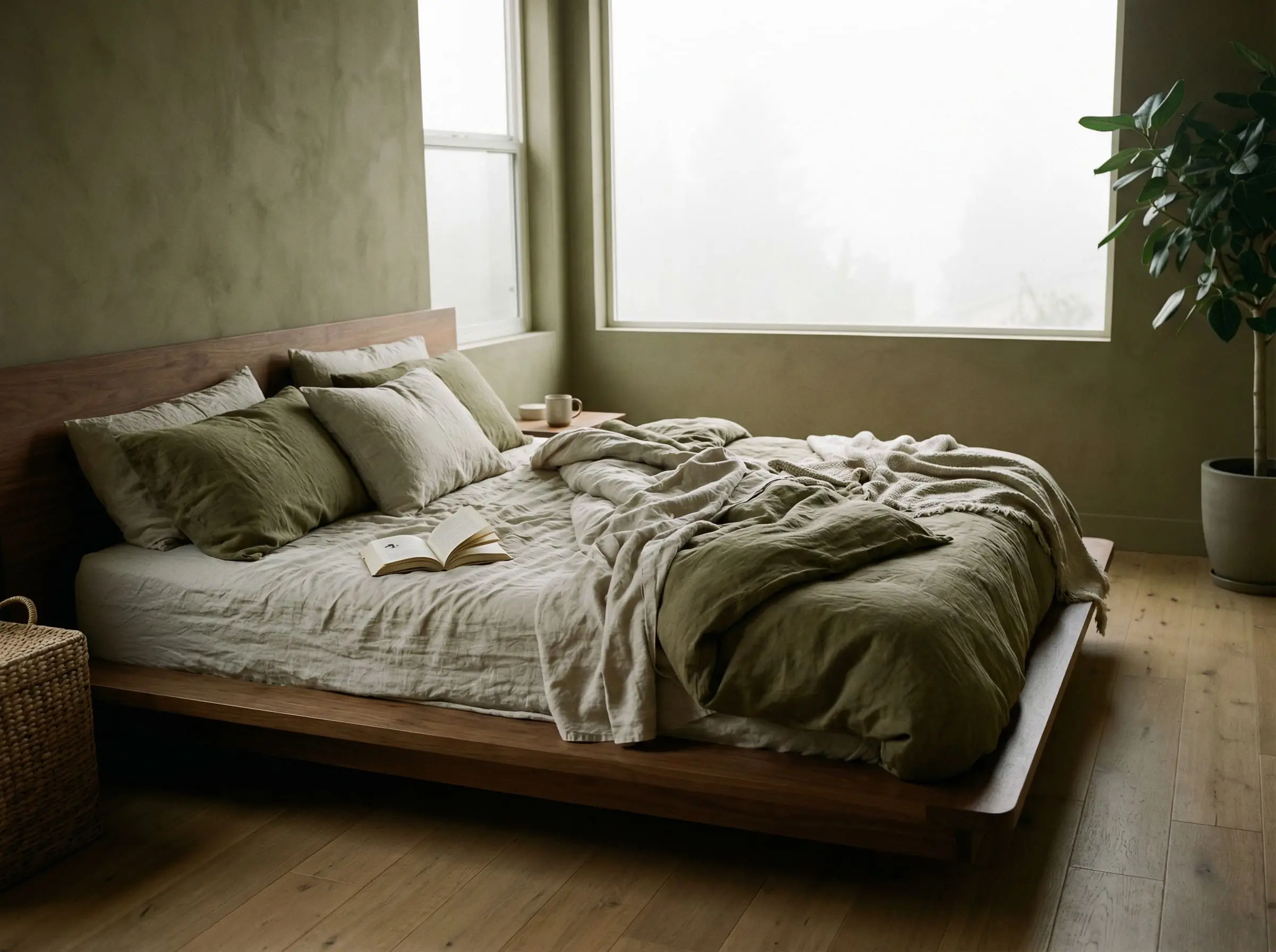 A calming organic modern bedroom features muddy olive green limewash walls, a low-profile walnut platform bed, and rumpled French flax linen bedding.