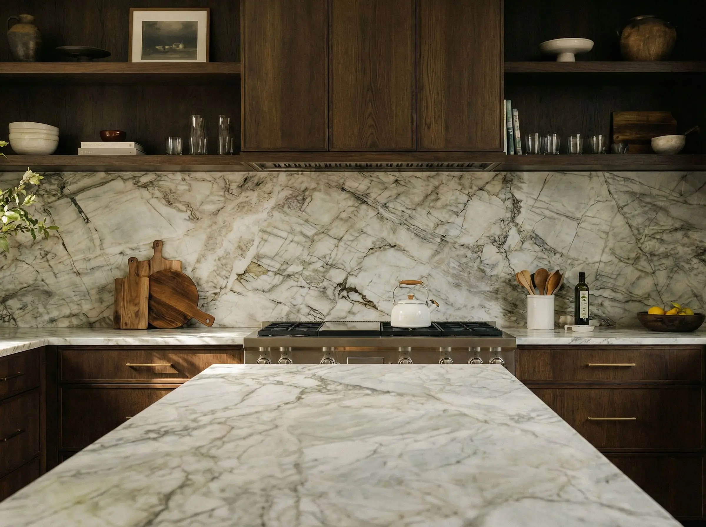 A close-up shows a perfectly vein-matched seam where a horizontal quartzite counter meets a seamless slab backsplash.
