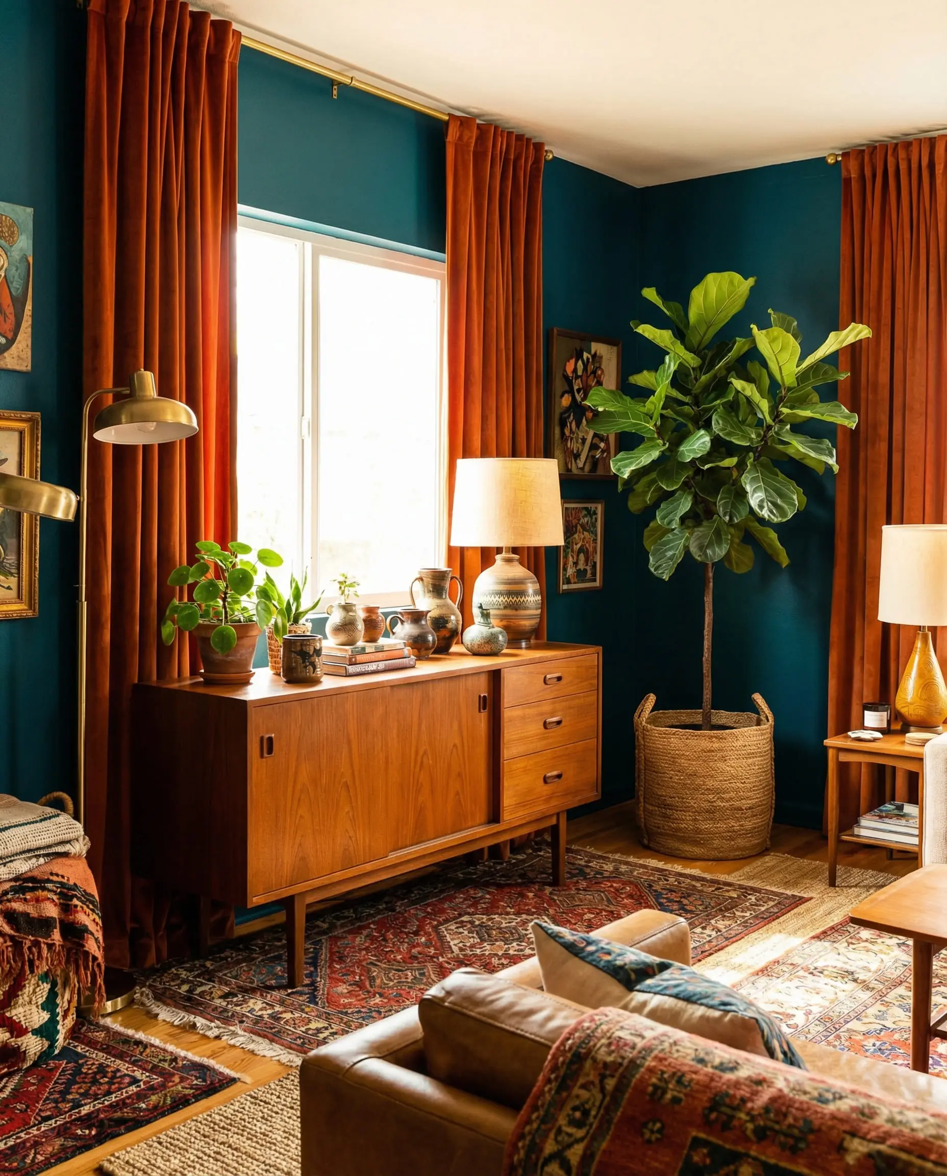 Deep teal living room walls paired with contrasting rust orange velvet curtains.
