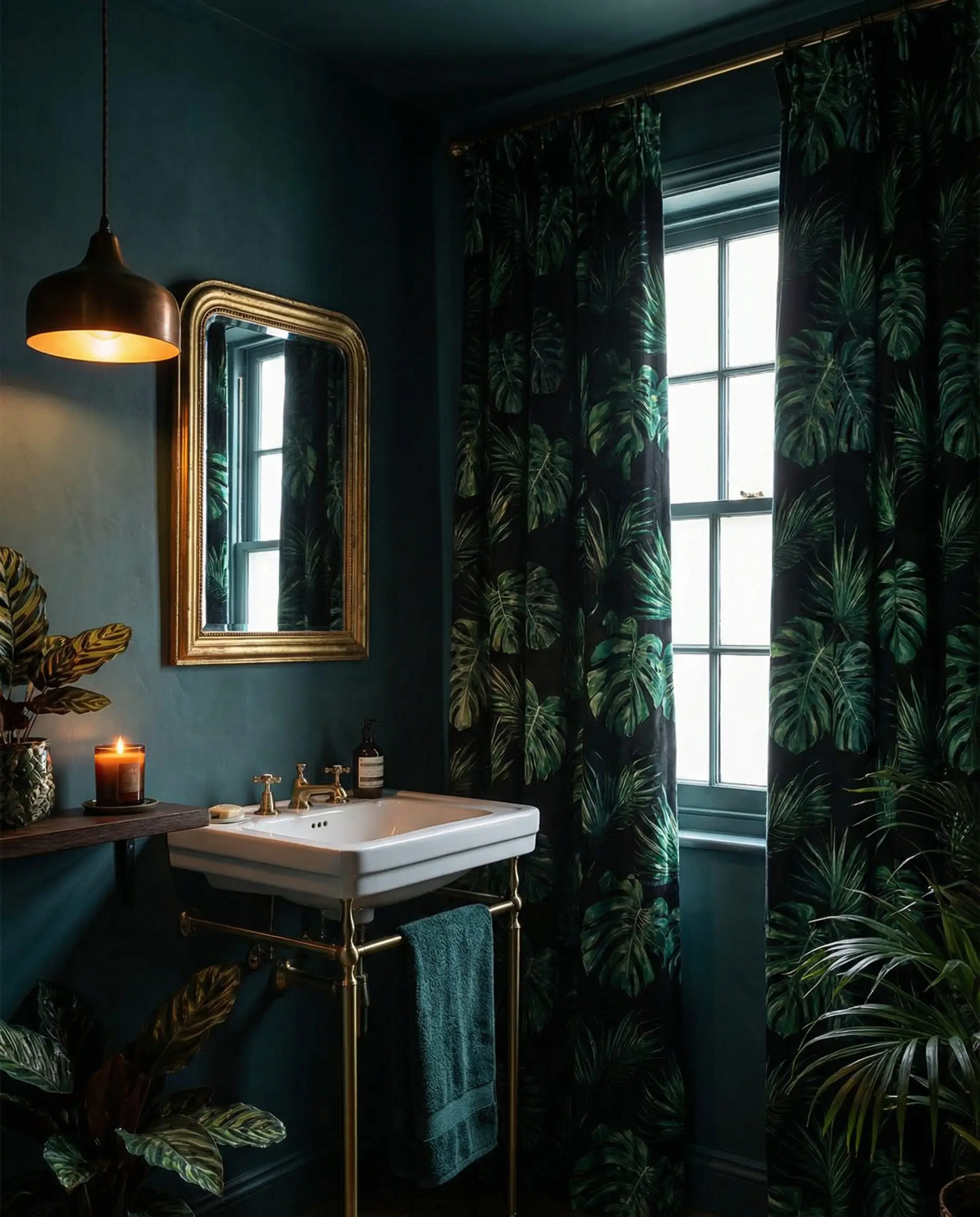 Dramatic teal room with dark green botanical leaf print curtains.