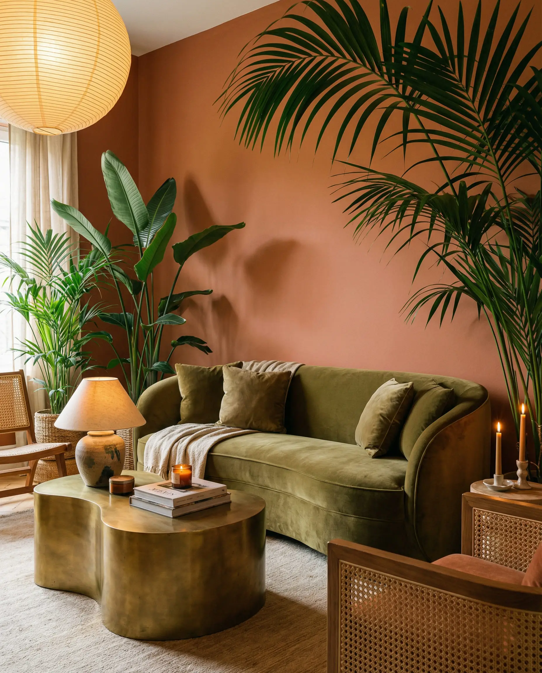 Cozy living room lounge mixing warm terracotta walls with an olive green velvet sofa and brass accents.
