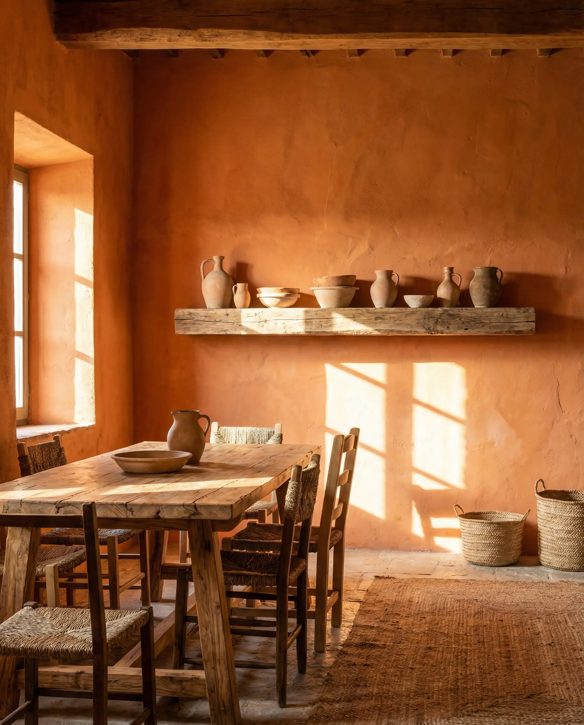 Rustic Mediterranean dining room with raw terracotta plaster walls and earthenware pottery on floating shelves.