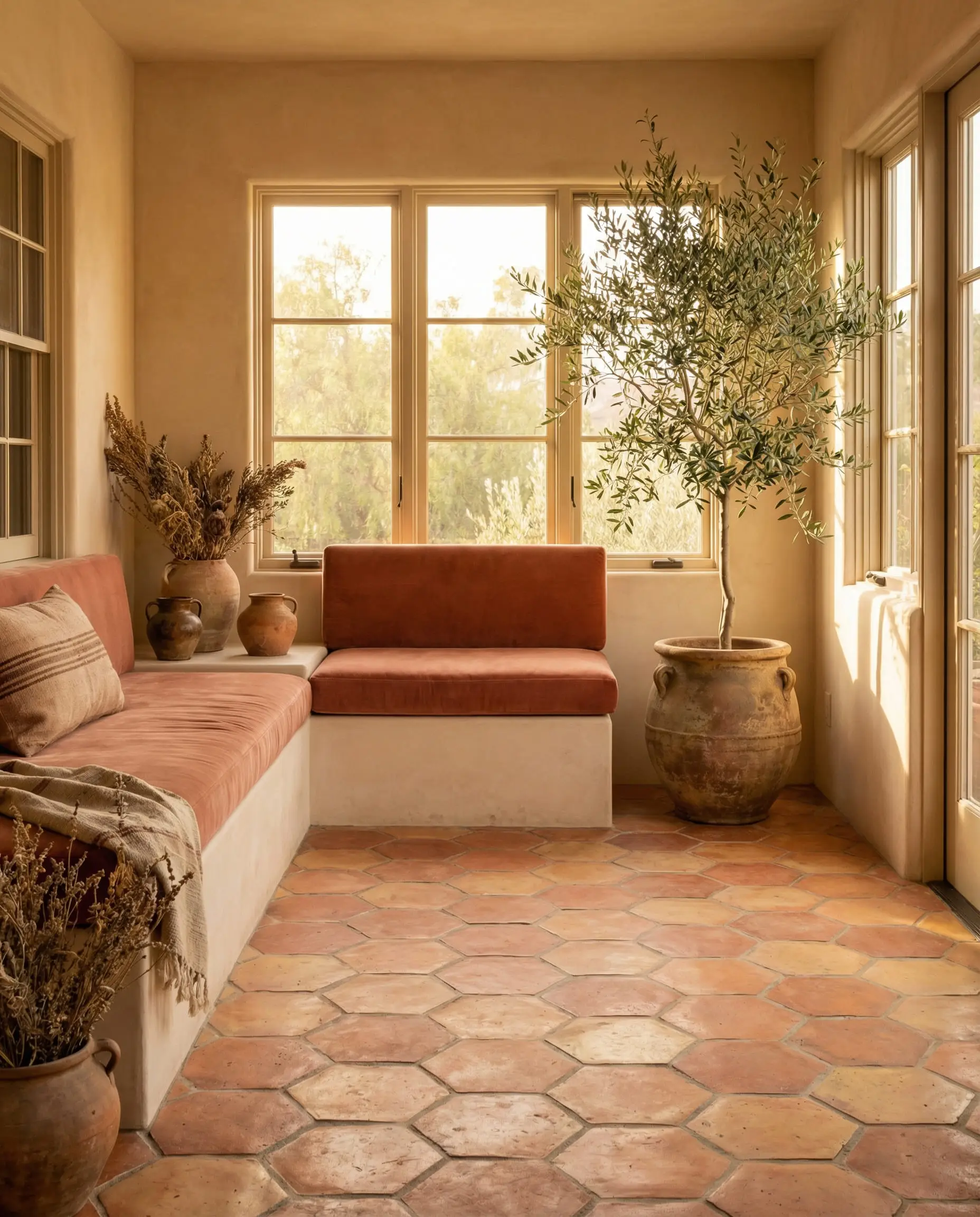 Sunroom featuring authentic hexagonal terracotta floor tiles and a velvet bench.