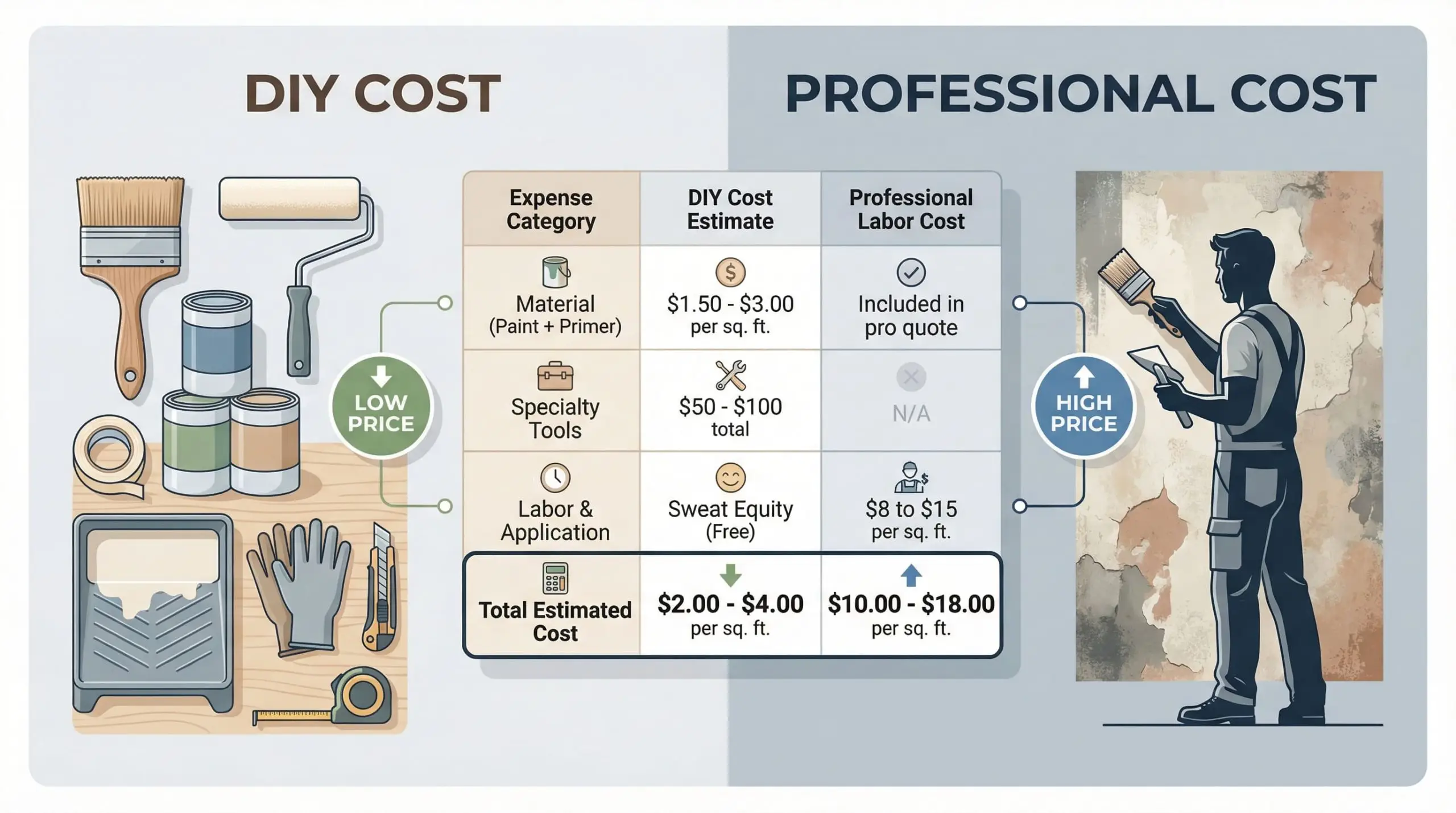 A split-screen infographic provides a cost breakdown for textured wall paint, comparing affordable DIY material expenses with professional artisan labor costs.