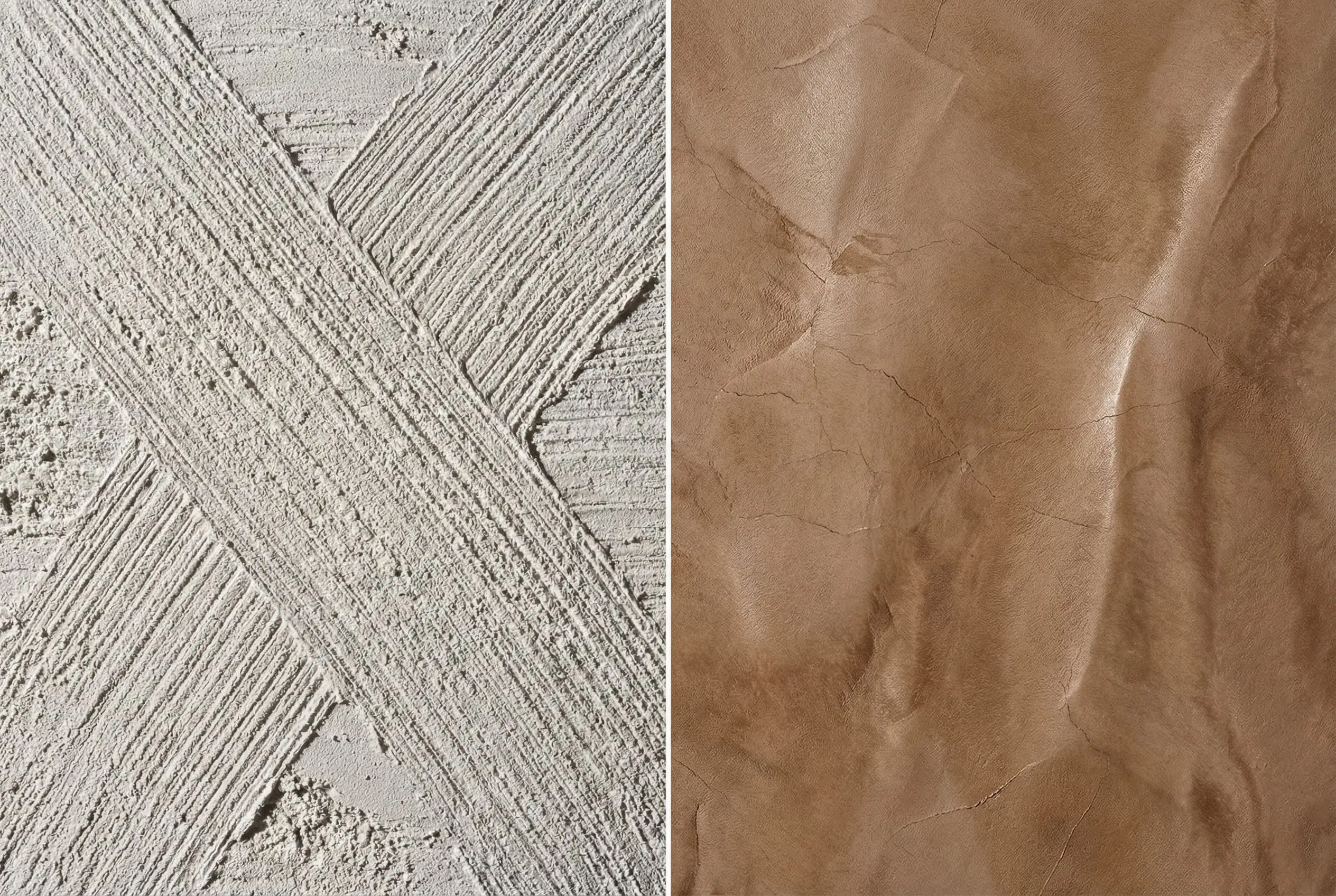 An extreme macro close-up highlights the difference between roman clay vs limewash, showing porous brushstrokes next to smooth troweled marbling.