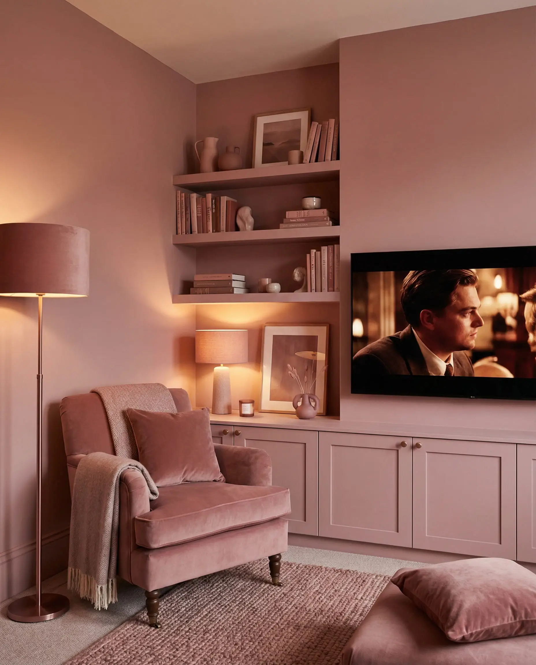 Monochromatic media room with dusty pink walls and a matching pink media console to reduce visual clutter.