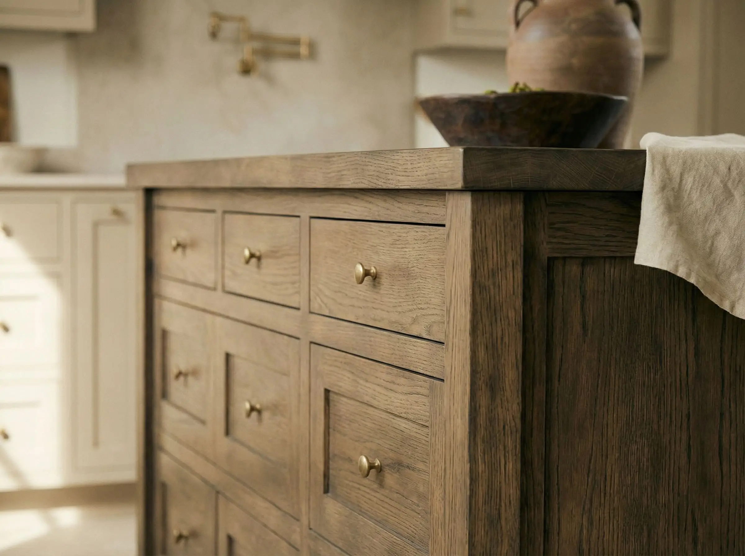 A close-up highlights the contrast between a painted inset cabinet frame and the linear grain of a white oak island.