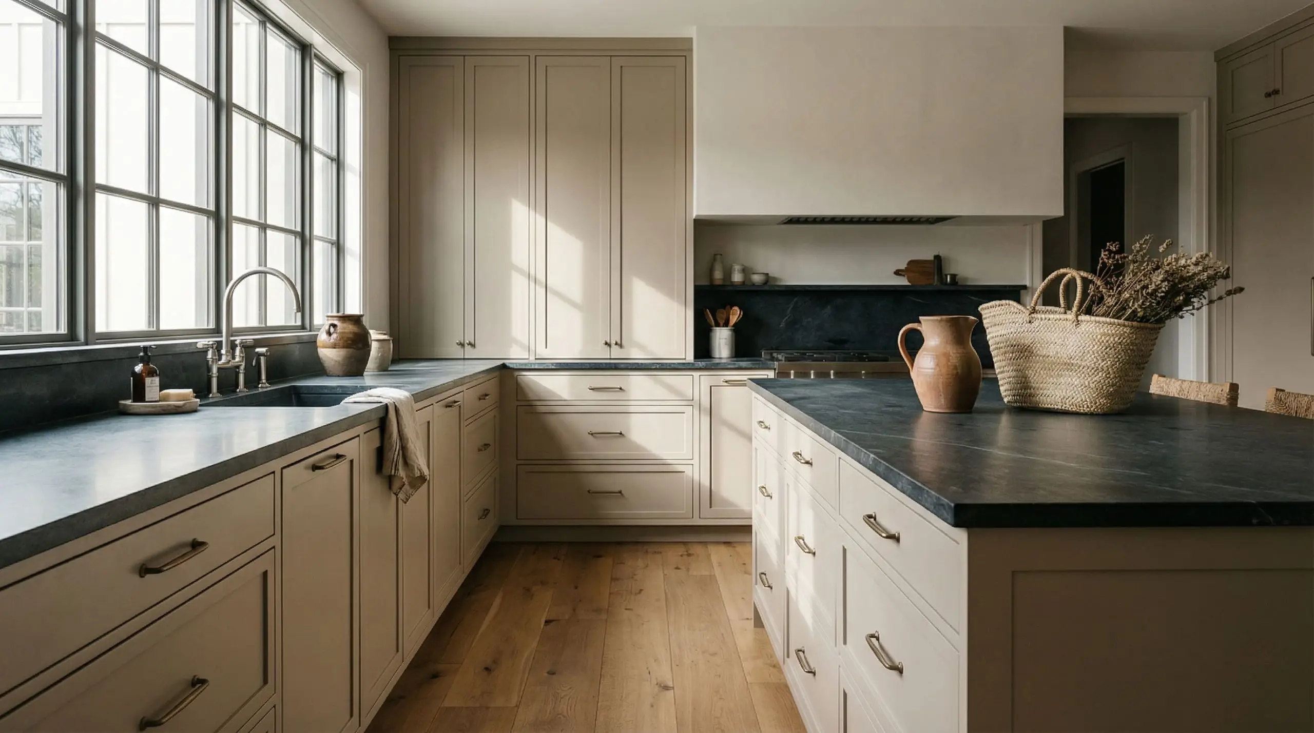 Putty-toned Slim Shaker cabinets with a half-inch stile pair with heavy natural stone counters and warm wood floors.