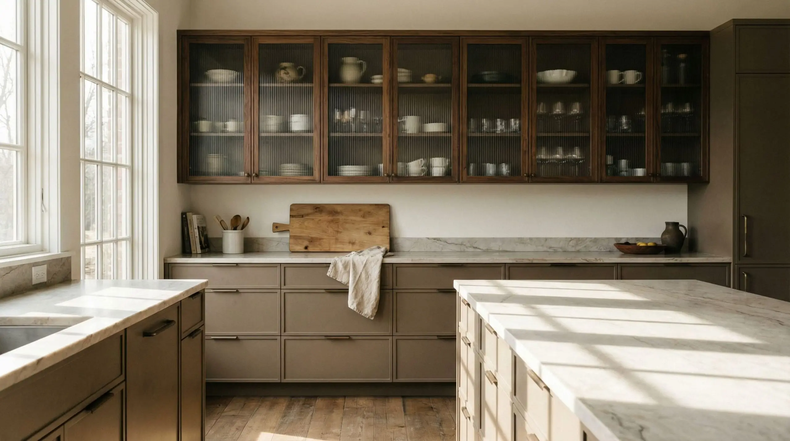 Upper cabinets with reeded glass doors provide architectural rhythm above a muddy neutral lower cabinet foundation.