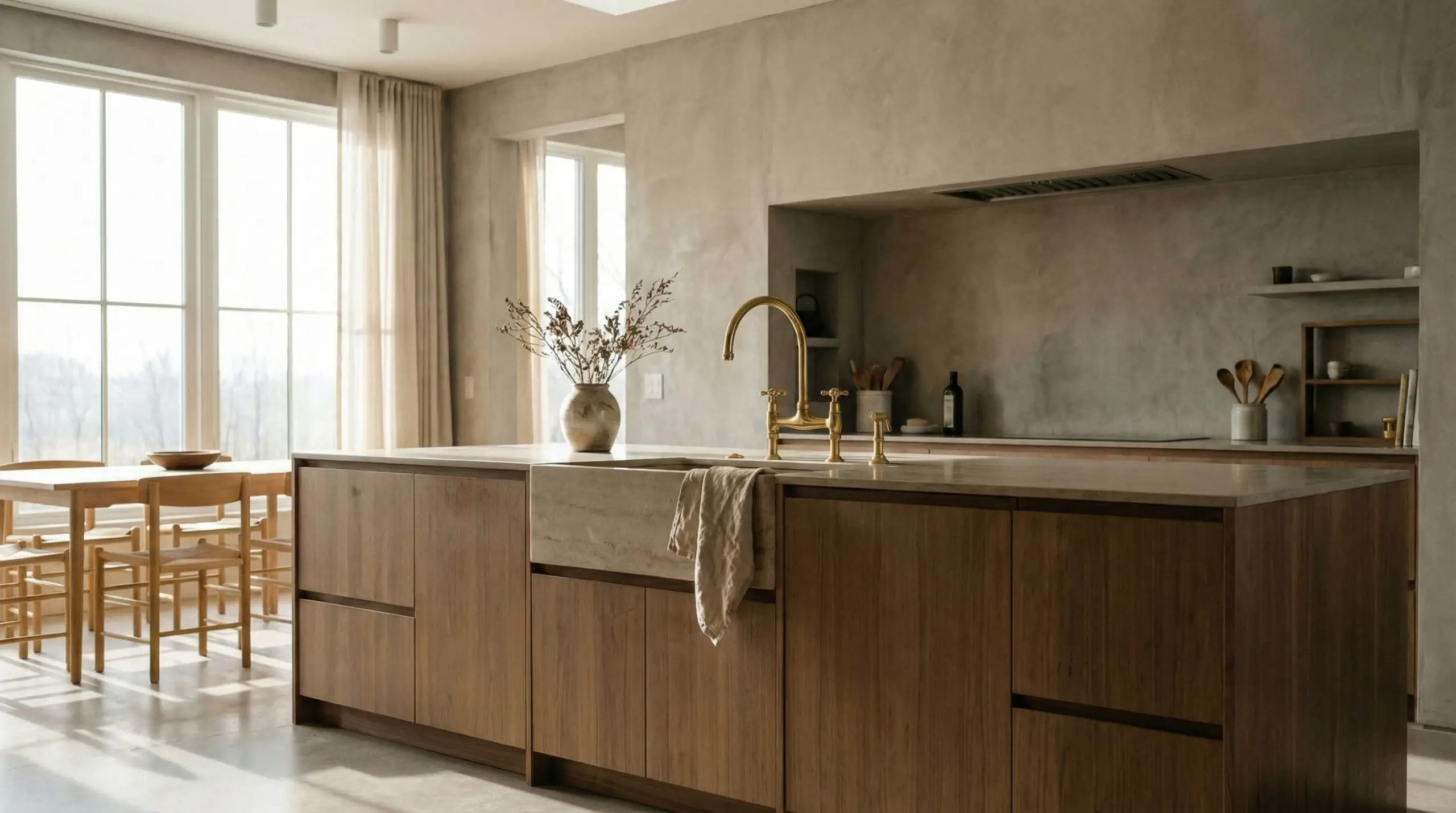 An ornate two-handle bridge faucet creates a focal point against modern flat-panel cabinetry and minimalist walls.