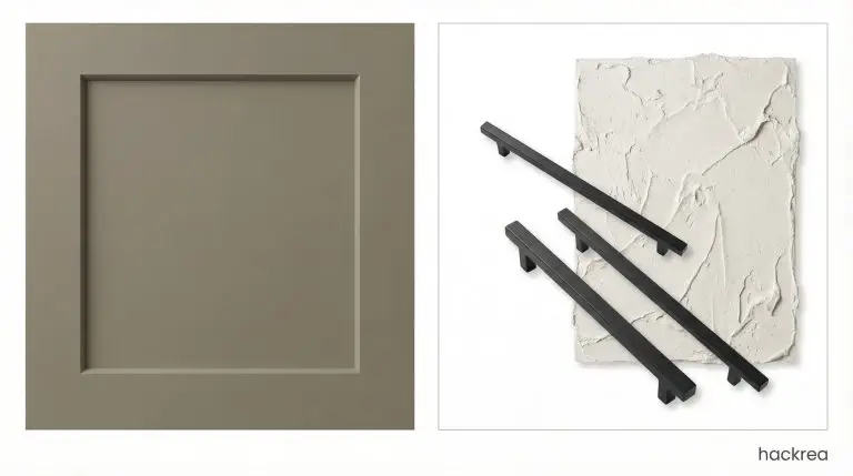 A moodboard pairs a muddy neutral Slim Shaker cabinet door with matte black linear pulls and hand-troweled plaster.