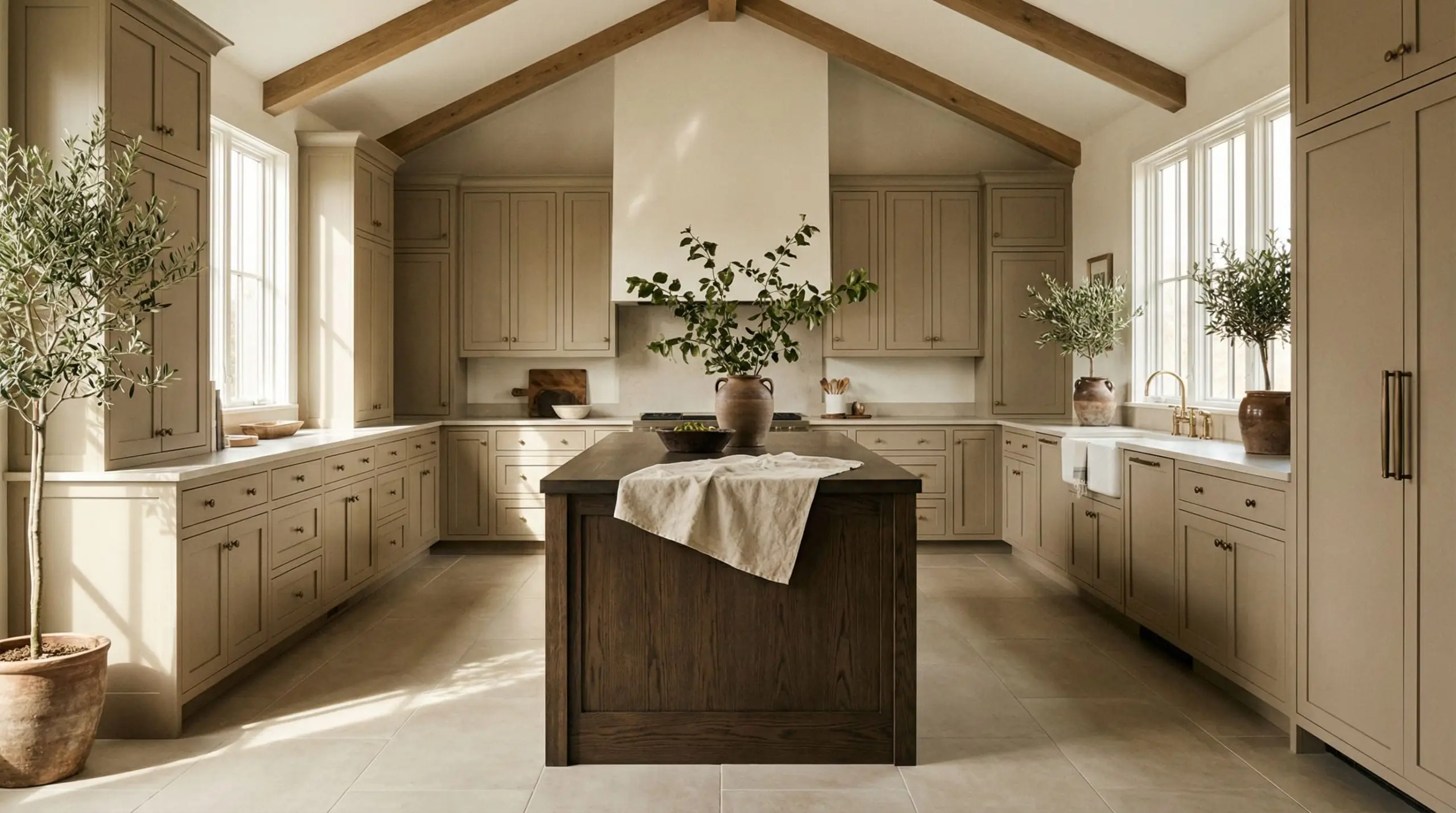 Muddy neutral inset cabinetry lines the perimeter, contrasting with a modern rift-sawn white oak center island.