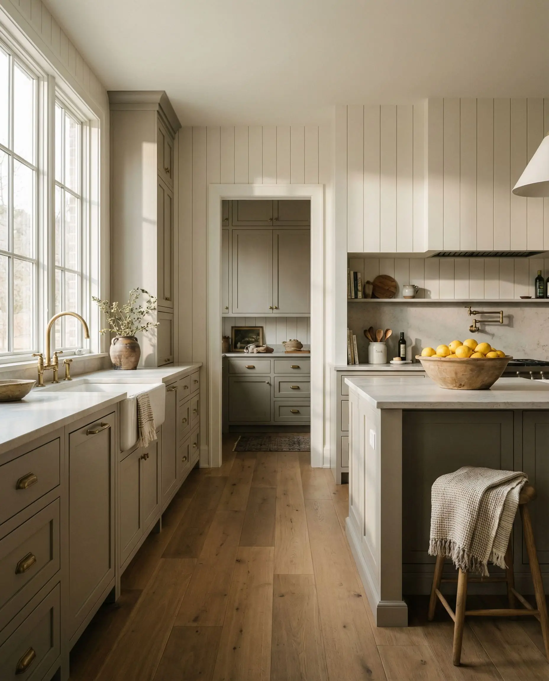 Warm muddy neutral cabinets anchor a transitional kitchen featuring matte oak flooring and contemporary wall paneling.