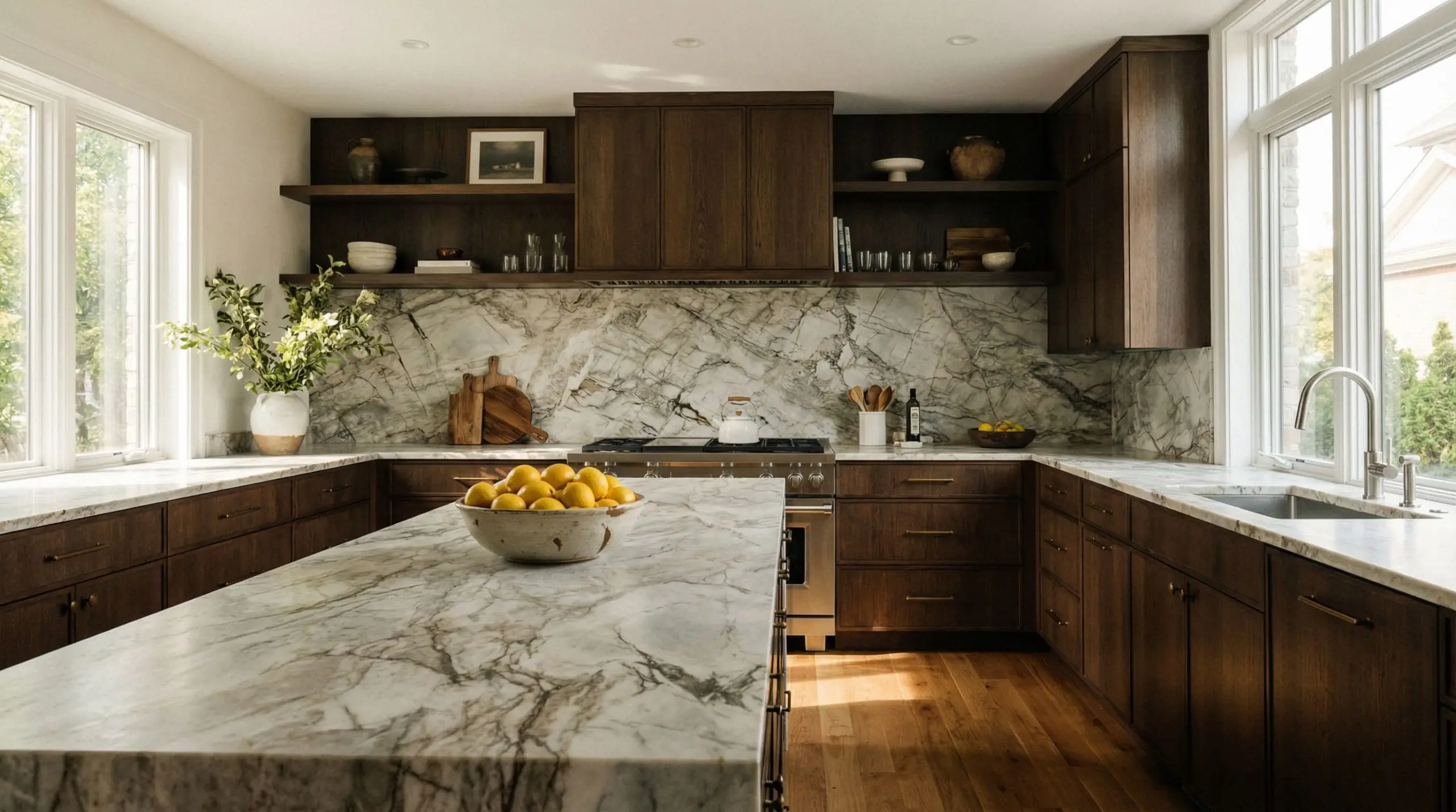 A seamless Taj Mahal quartzite slab backsplash with chaotic veining highlights a modern, grout-free transitional kitchen.