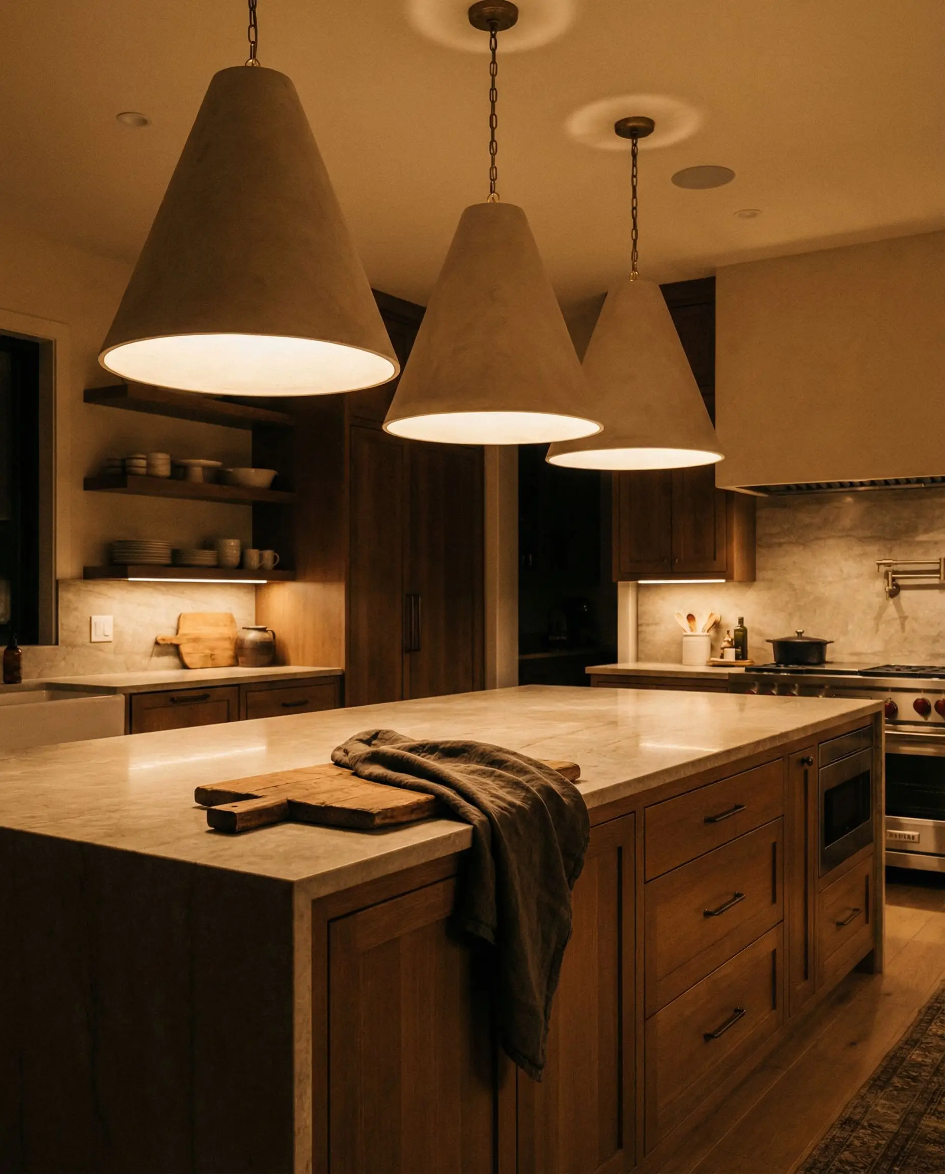 Oversized conical transitional kitchen lighting made of hand-troweled plaster hangs above a heavy stone island.