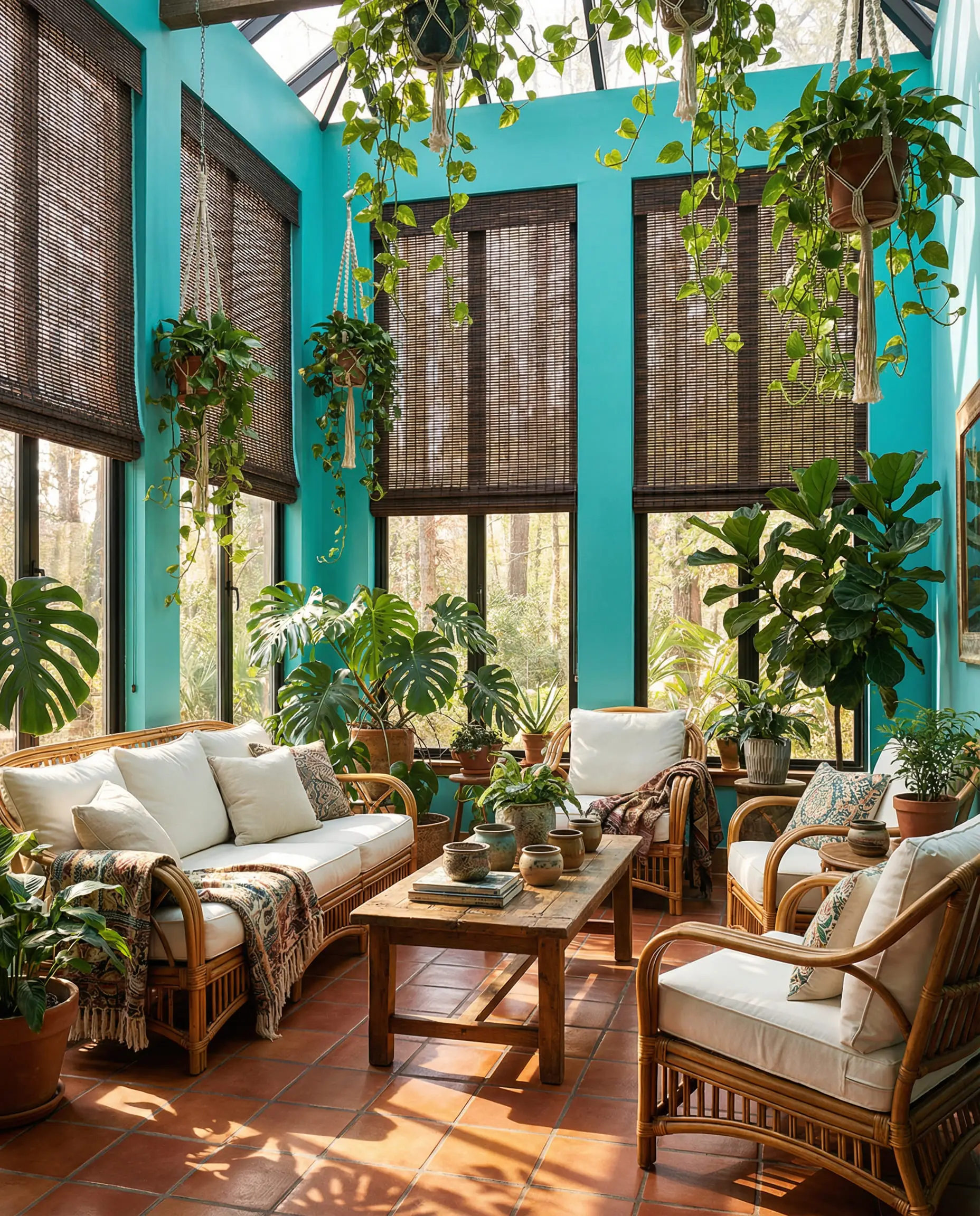 Vibrant turquoise sunroom with dark bamboo woven shades and indoor plants.