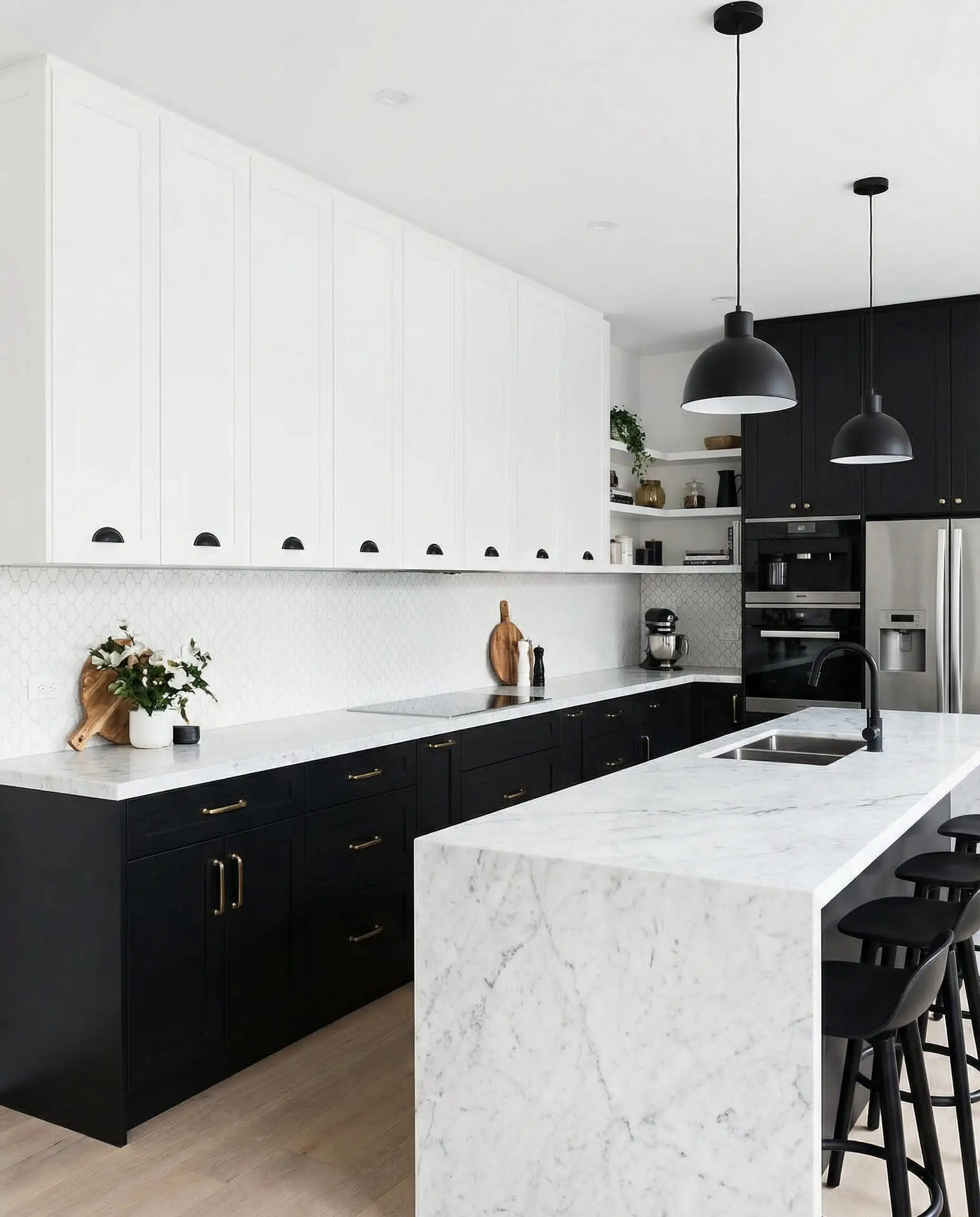 Full tuxedo kitchen layout with matte black lower cabinets and white upper cabinets.
