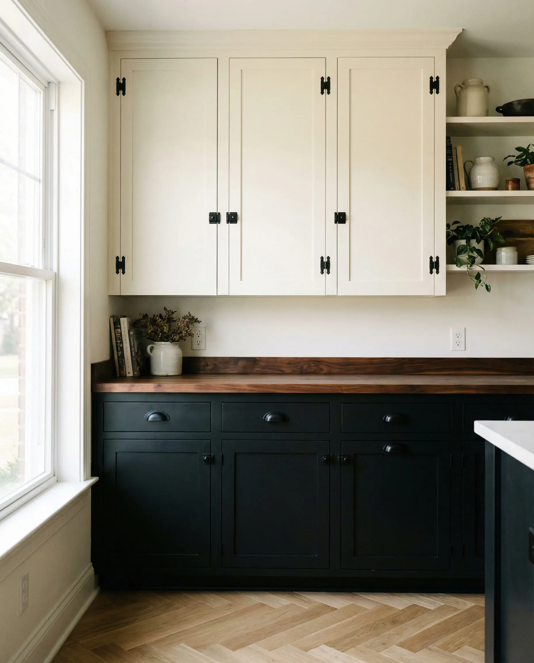 Vertical shot of a two-tone tuxedo kitchen with white upper cabinets featuring black latches and matte black lower cabinets with cup pulls.