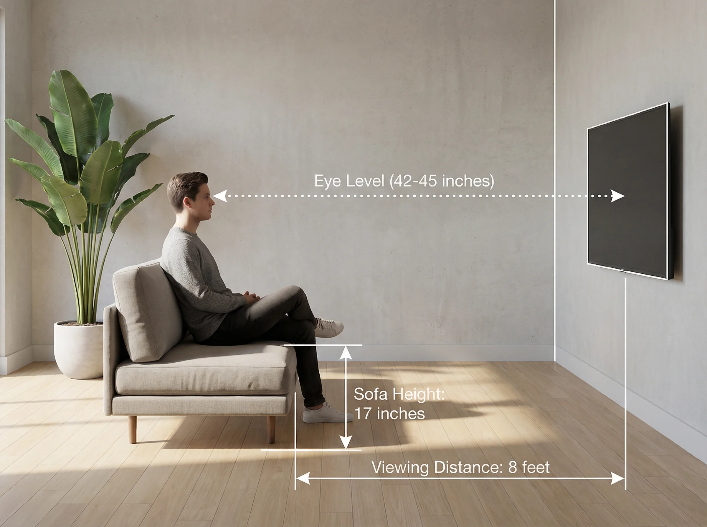 Infographic showing the correct TV mounting height with eye level centered at 42 inches from the floor.