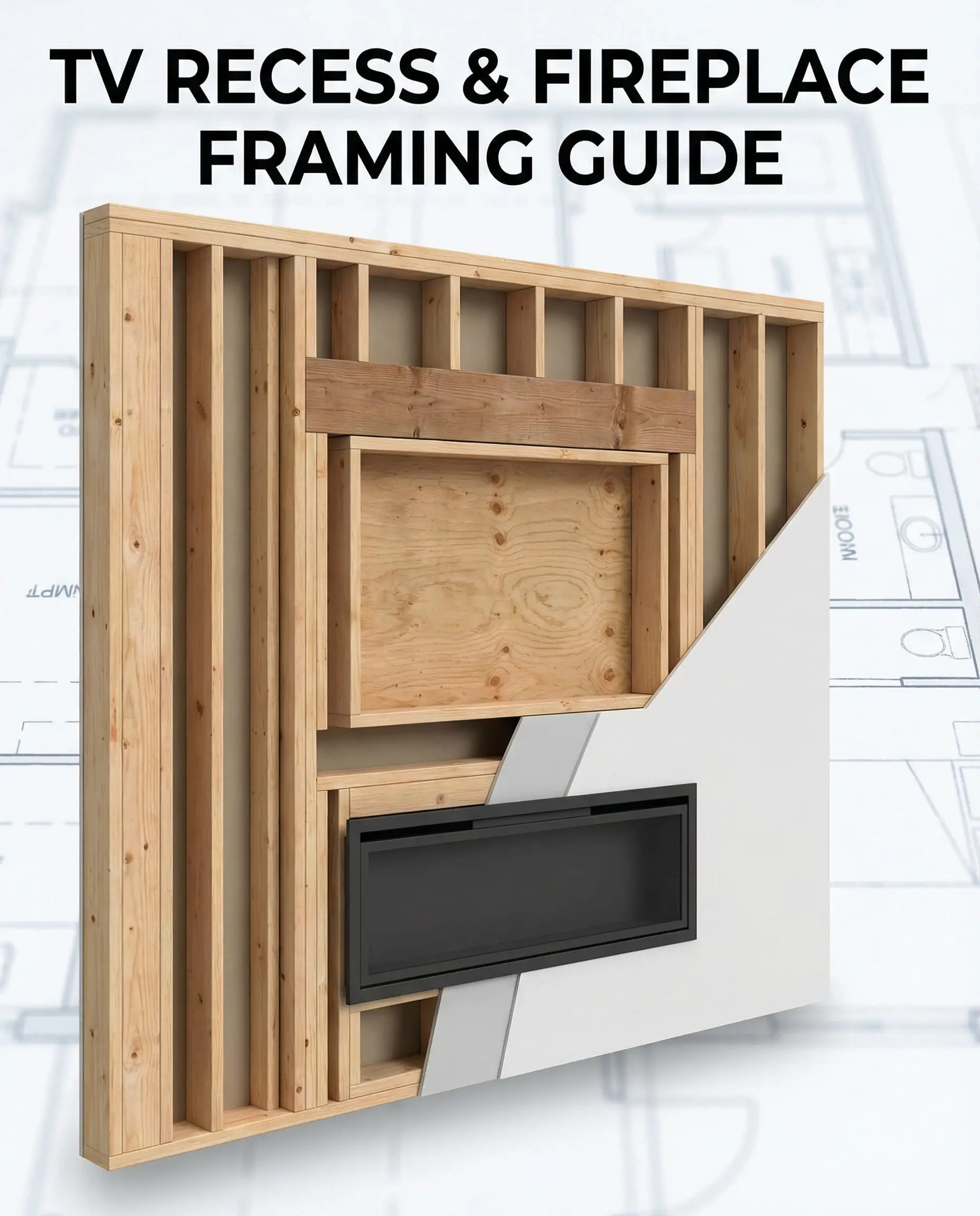 A technical 3D view showing the internal wood stud framing required to build a recessed TV niche above a fireplace.