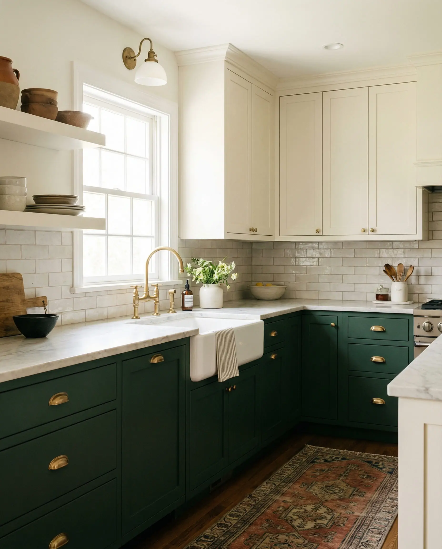 Kitchen featuring cream upper cabinets and dark forest green lower cabinets.