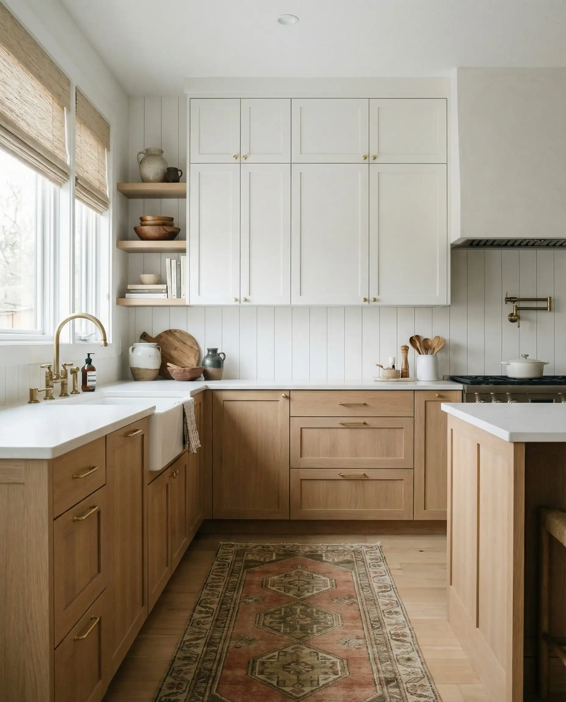 Organic modern kitchen with white upper cabinets, white oak lower cabinets, and matte gold knobs.