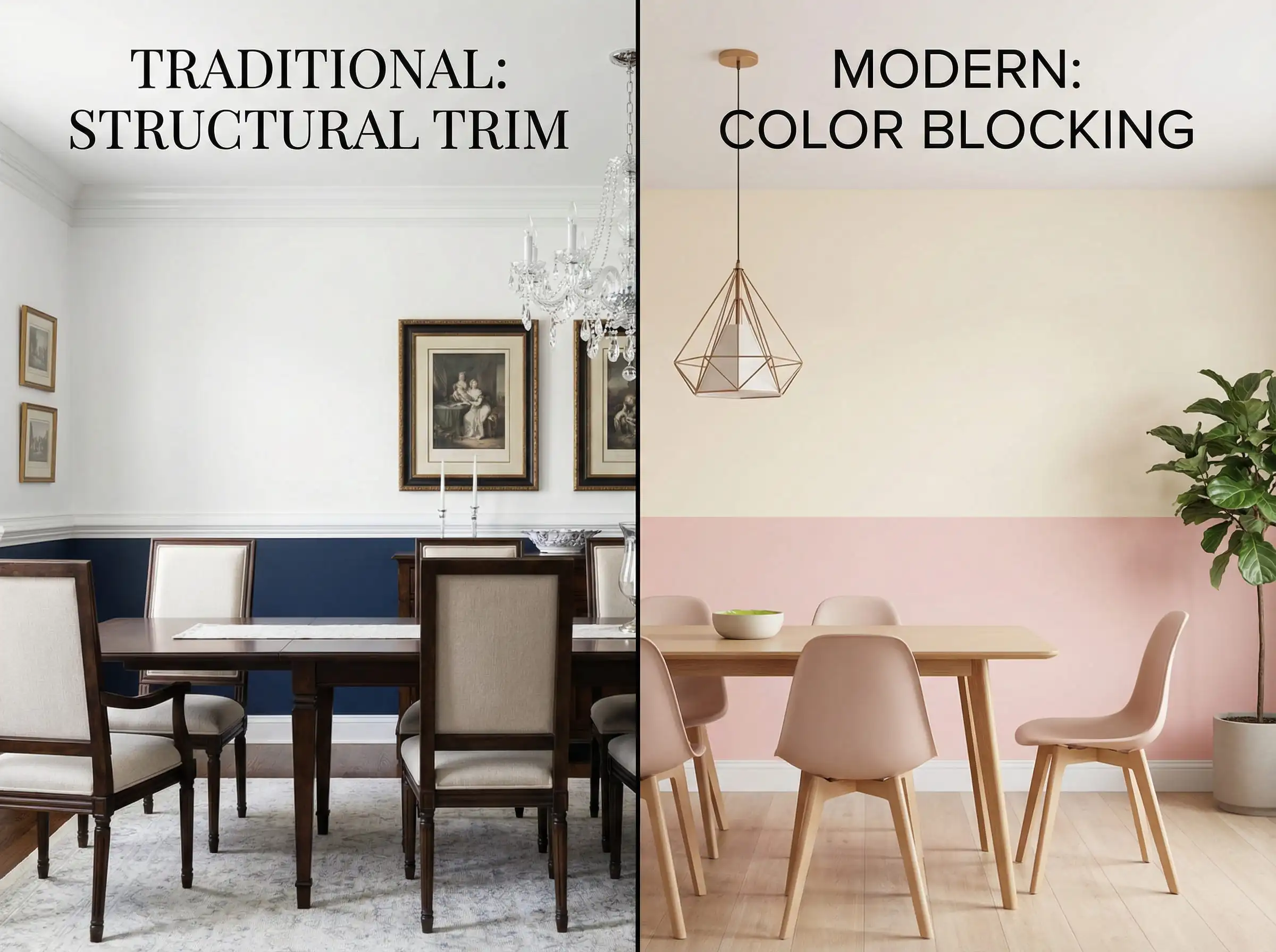Split screen comparison of a traditional navy and white wall with chair rail versus a modern pink and cream color-blocked wall.