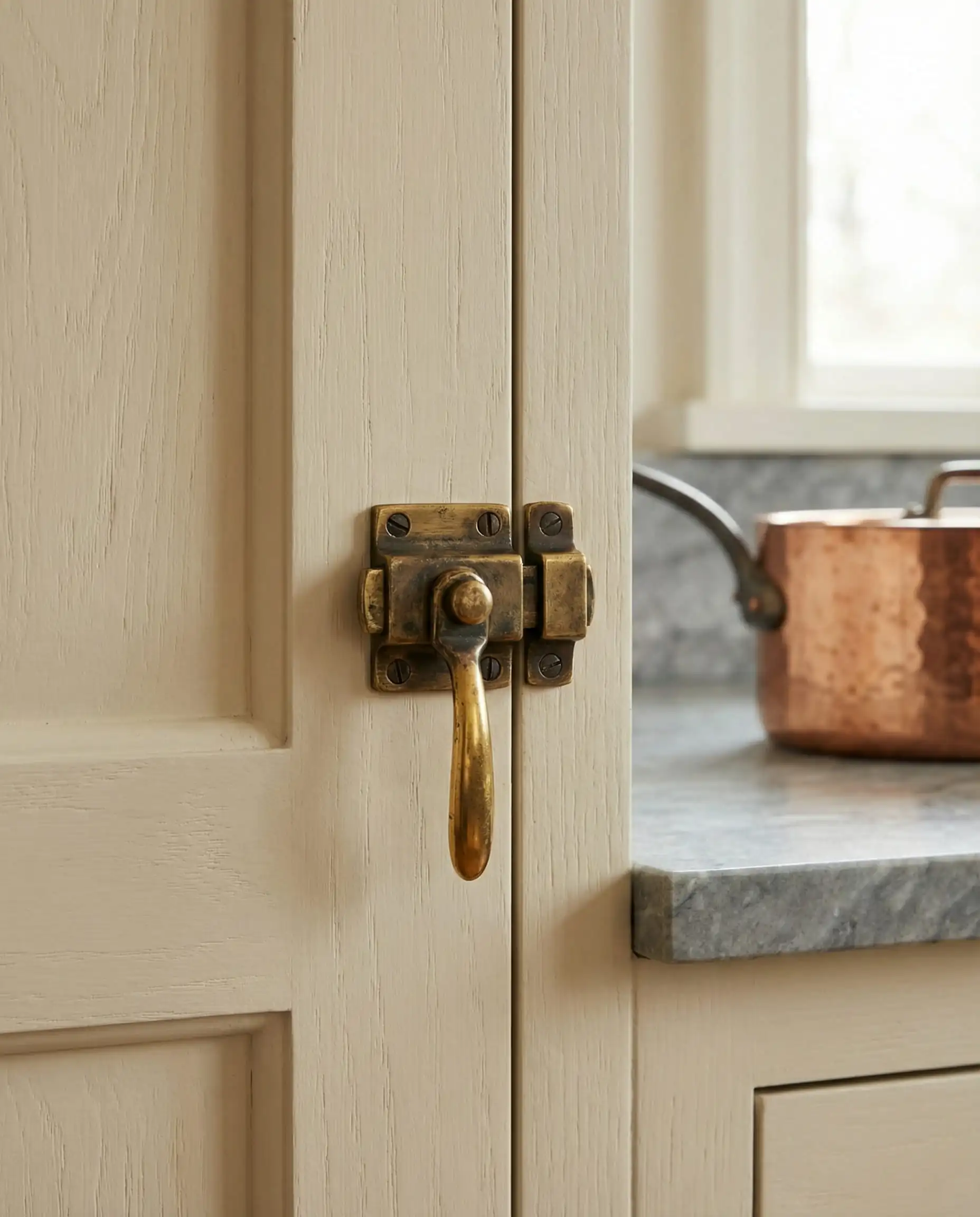 Unlacquered brass cabinet latch showing natural patina on a mushroom white cabinet door.