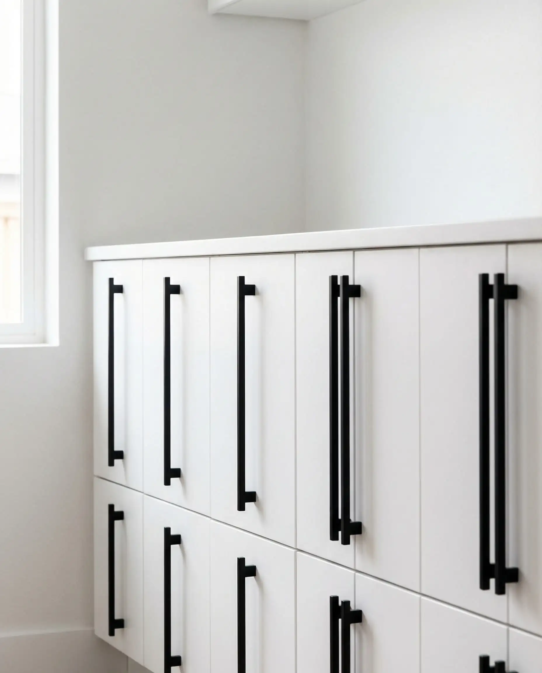 Modern white drawers with long matte black bar pulls installed vertically rather than horizontally for an architectural look.