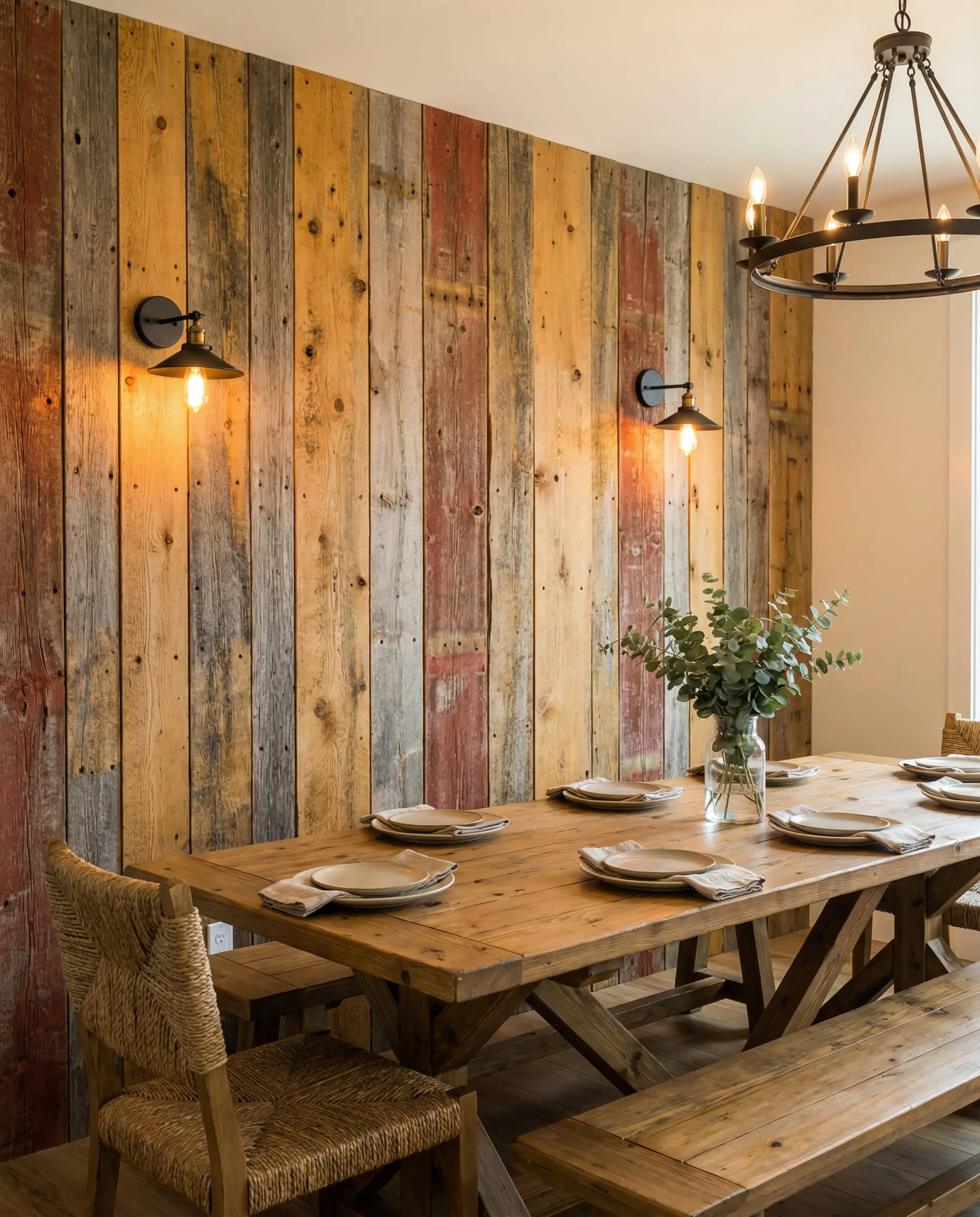 Modern farmhouse dining room with a vertical reclaimed barn wood accent wall in honey and grey tones with black metal sconces.