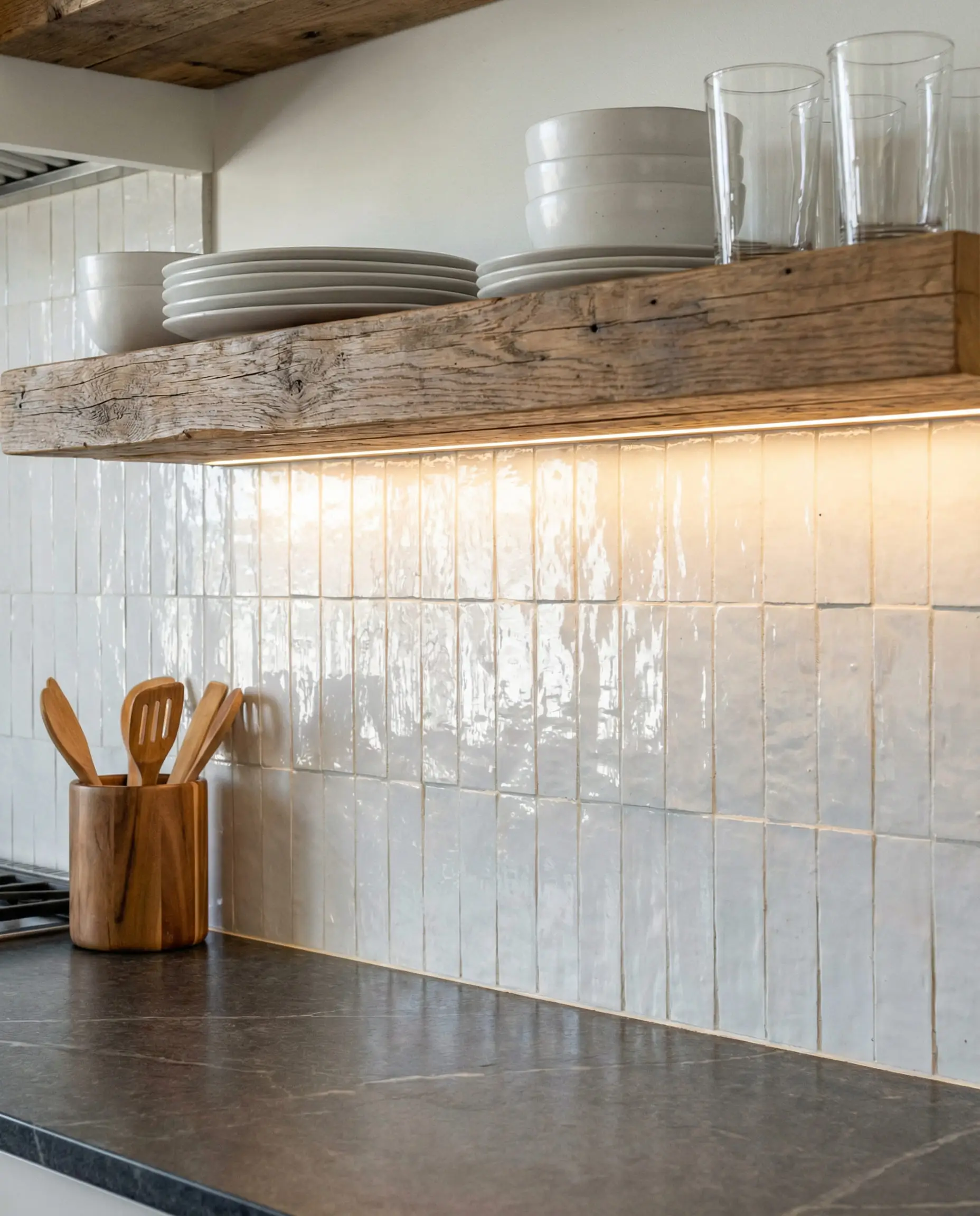 White Zellige backsplash tiles laid in a vertical stack pattern with open shelving.