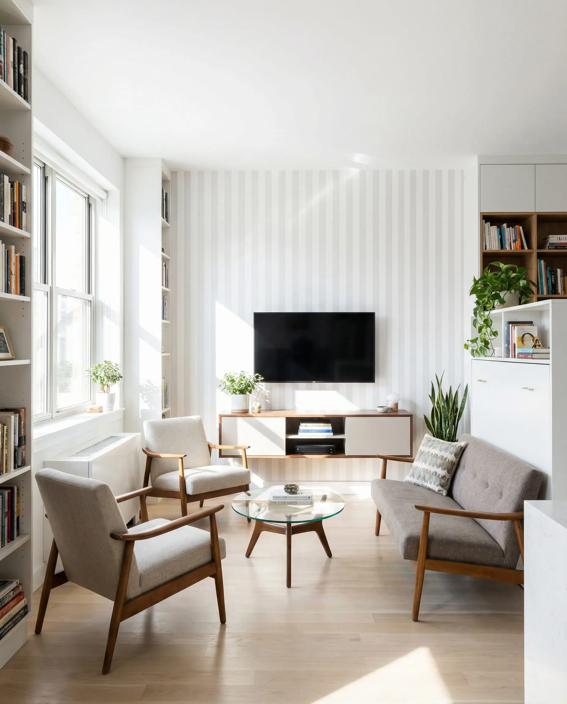 Small apartment living room with vertical striped wallpaper behind the TV to create the illusion of higher ceilings.
