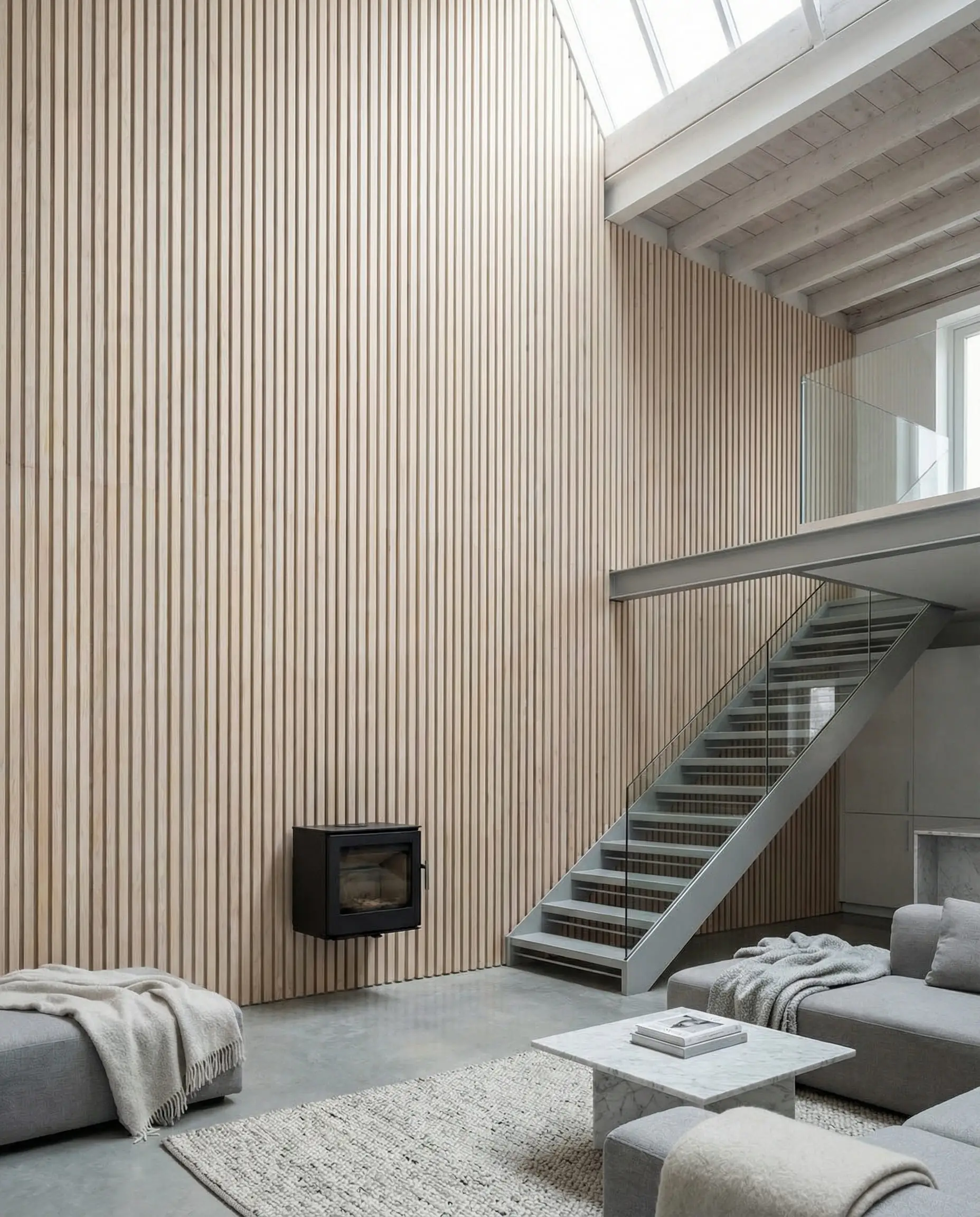 A double-height living room wall clad in thin vertical ash wood slats, drawing the eye upward in a loft space.