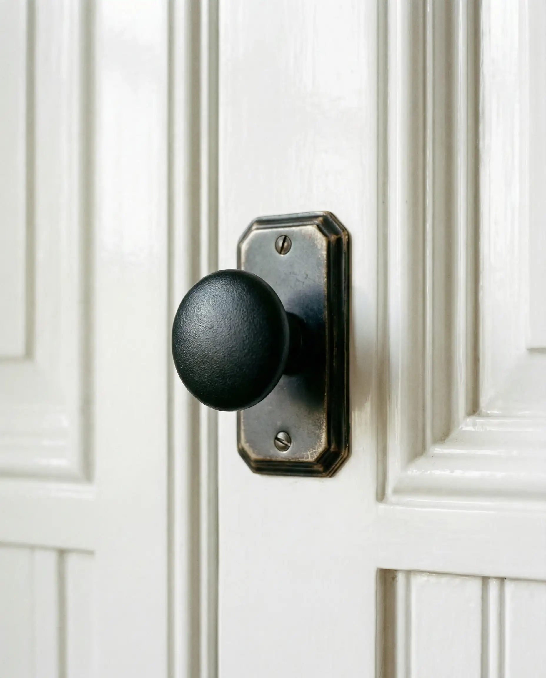 Close-up of a vintage-style black knob with a rectangular backplate mounted on a molded white door.