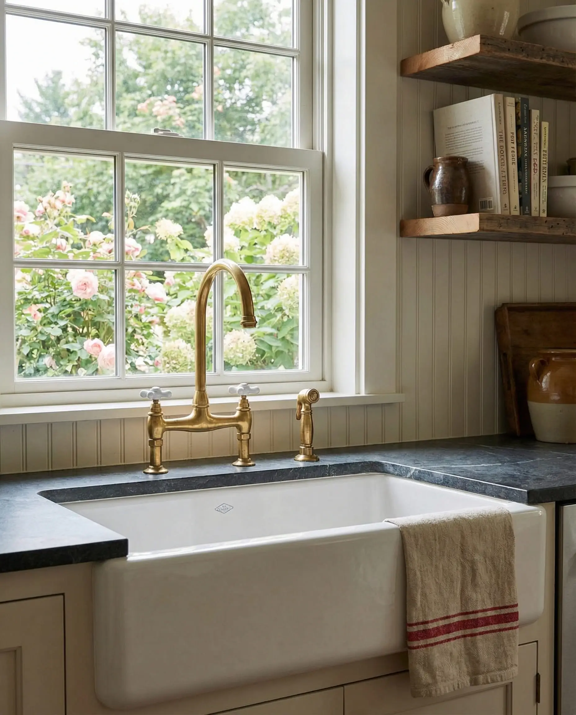 Apron front sink with vintage brass faucet and garden window in a farmhouse kitchen.