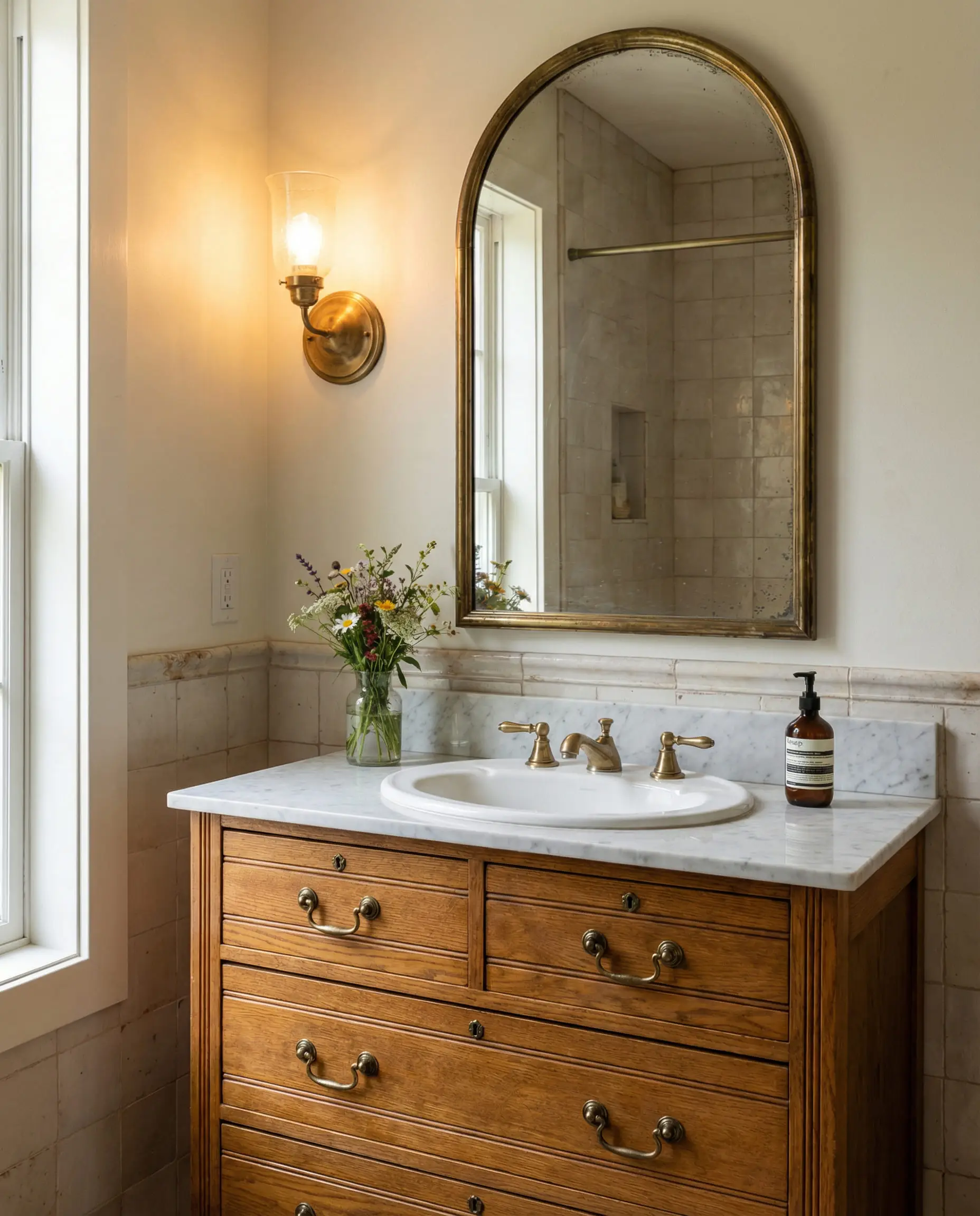 Antique oak dresser converted into a bathroom vanity with a drop-in sink.
