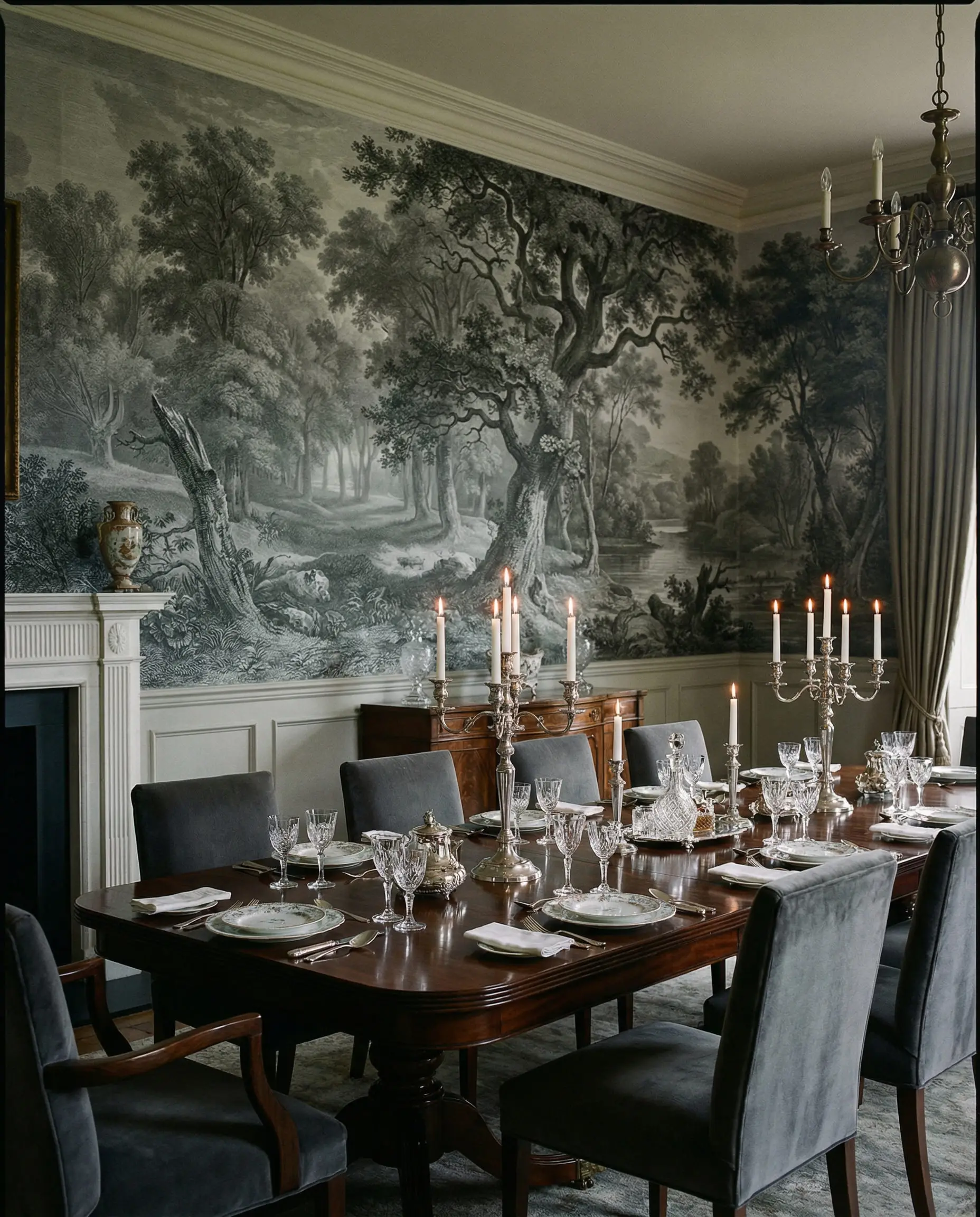 Stately dining room with a panoramic greyscale vintage forest etching wallpaper mural and traditional mahogany furniture.