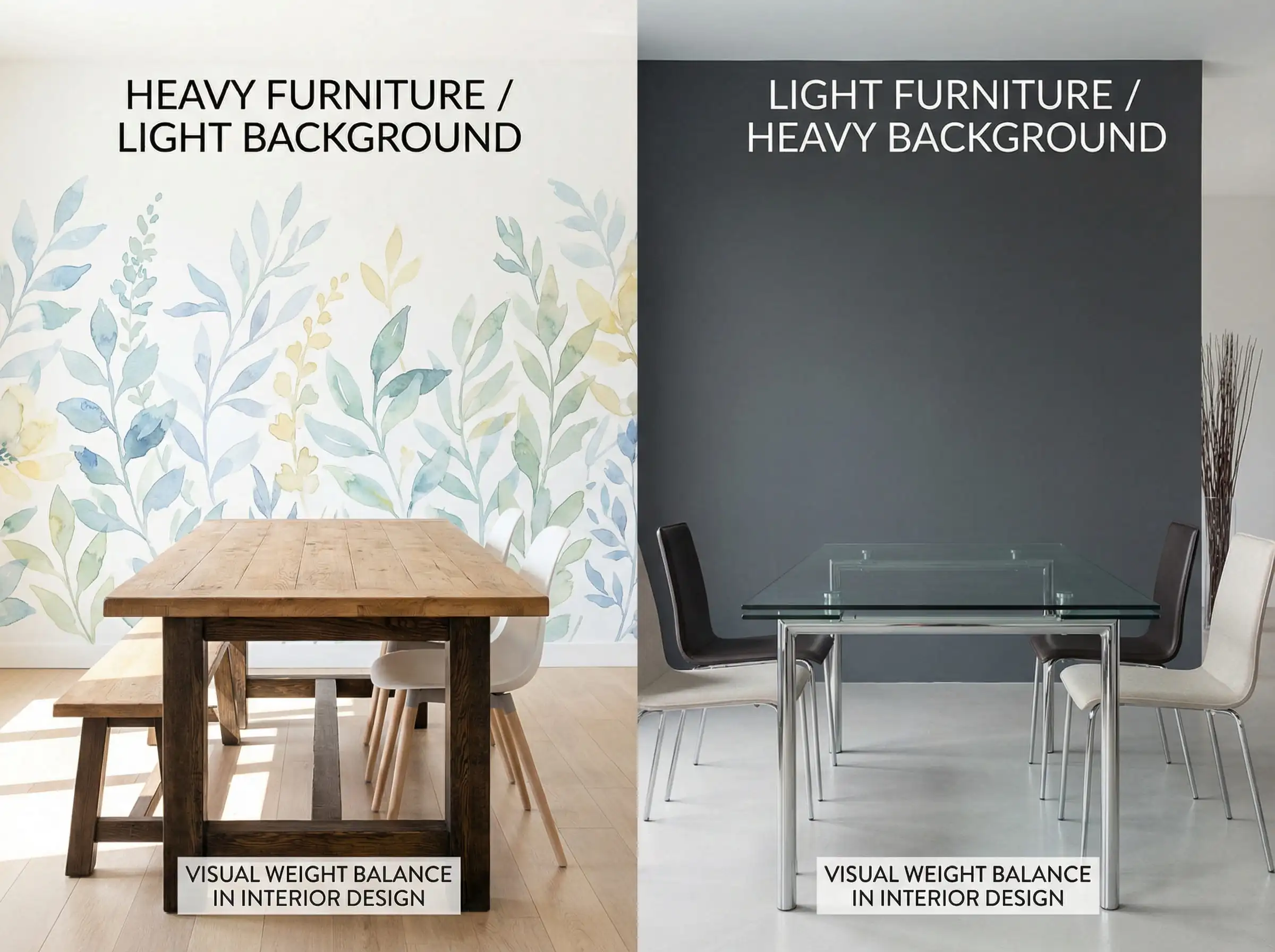 Split screen comparison showing a heavy table balanced by a light mural versus a light table anchored by a dark wall.